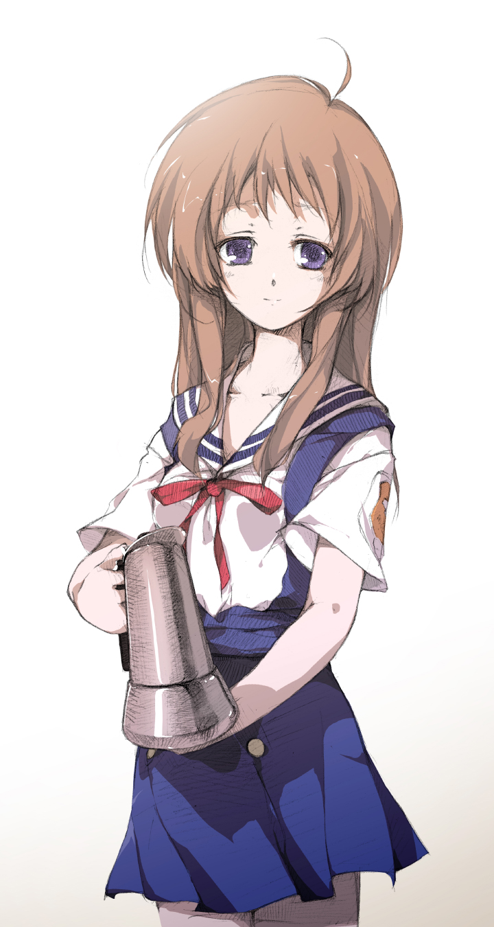 sakura sora, miyazawa yukine, clannad, bad id, bad pixiv id, highres, 00s, 1girl, ahoge, brown hair, coffee pot, female focus, holding, long hair, purple eyes, school uniform, skirt, smile, solo, teapot