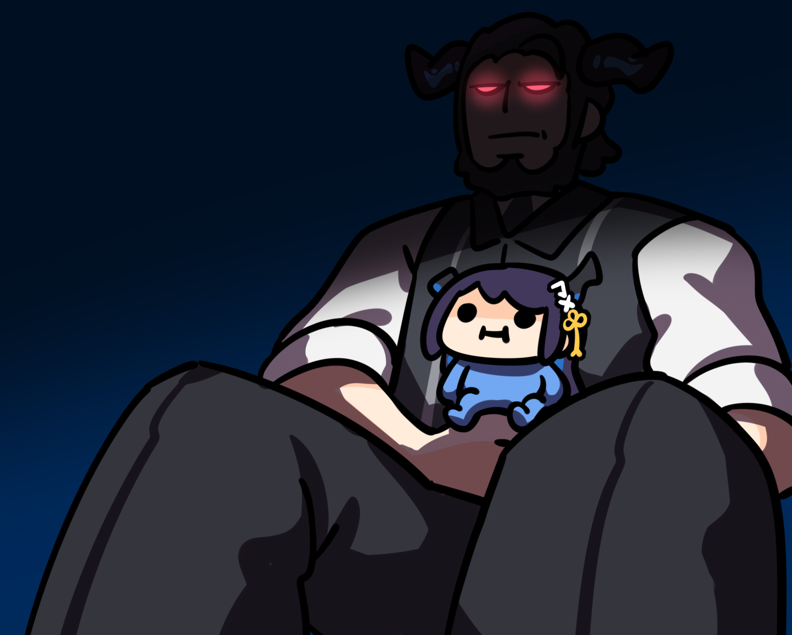 keenbiscuit, nerissa ravencroft, paparissa, hololive, hololive english, highres, 1boy, 1girl, asymmetrical horns, black hair, chibi, father and daughter, glowing, glowing eyes, horn ornament, horns, red eyes, sitting, sitting on lap, sitting on person, size difference, virtual youtuber