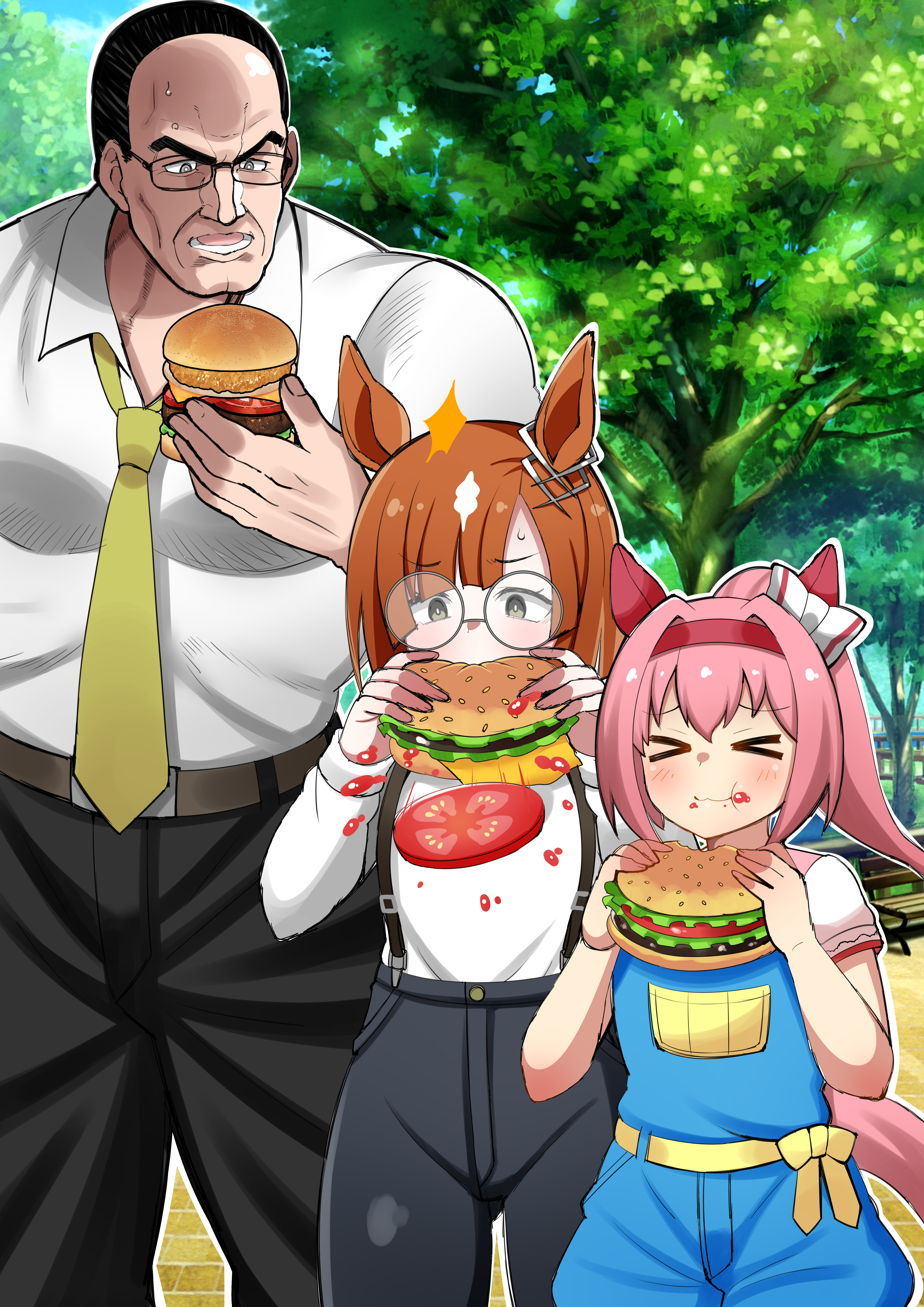 aramori susumu, haru urara (casual) (umamusume), haru urara (umamusume), ikuno dictus (umamusume), steven armstrong, metal gear (series), metal gear rising: revengeance, umamusume, absurdres, commentary, highres, symbol-only commentary, > <, 1boy, 2girls, animal ears, belt, bench, black hair, black pants, blue sky, blush, burger, closed eyes, cloud, collared shirt, ear covers, food, food on face, glasses, hands up, high ponytail, holding, holding burger, holding food, horse ears, horse girl, horse tail, lettuce, long hair, multiple girls, muscular, muscular male, necktie, outdoors, pants, pink hair, ponytail, round eyewear, shirt, short hair, short sleeves, sky, standing, suspenders, tail, tomato, tomato slice, tree, white shirt