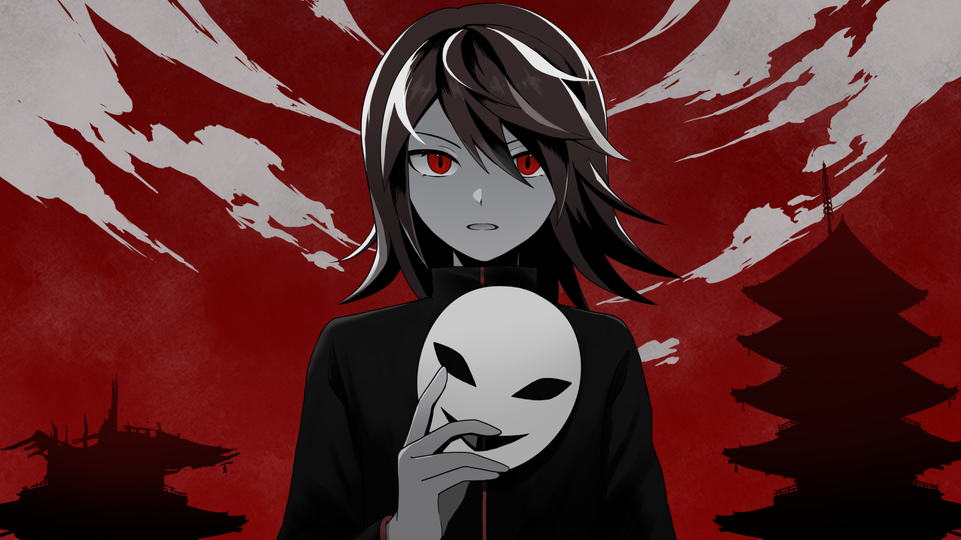silver (pokemon), nintendo, pokemon, pokemon adventures, queen (vocaloid), artist request, highres, 1boy, ahoge, androgynous, architecture, arm at side, building, cloud, cloudy sky, curled fingers, east asian architecture, expressionless, facing viewer, hair between eyes, hand up, holding, holding mask, long sleeves, looking at viewer, male focus, mask, medium hair, outdoors, parted lips, red eyes, red hair, red sky, red theme, shirt, sidelocks, sky, slit pupils, standing, turtleneck, turtleneck shirt, unworn mask, upper body