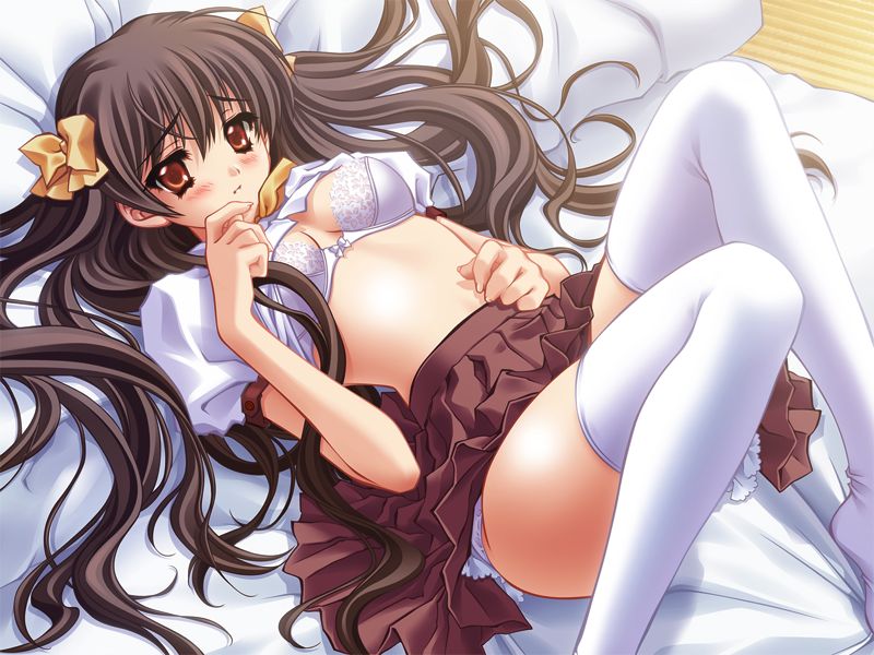 carnelian, jouheikun no hanikami life, game cg, 1girl, bed, blouse, bow, bowtie, bra, breasts, breasts apart, brown hair, cleavage, clothes lift, embarrassed, female focus, fingernails, from above, hair between eyes, hair spread out, hand to own mouth, indoors, lingerie, long fingernails, long hair, lying, miniskirt, panties, pantyshot, raised eyebrows, red eyes, shirt, shirt lift, skirt, skirt lift, solo, thighhighs, thighs, underwear, very long hair, white panties, white shirt, white thighhighs, yellow bow, yellow bowtie