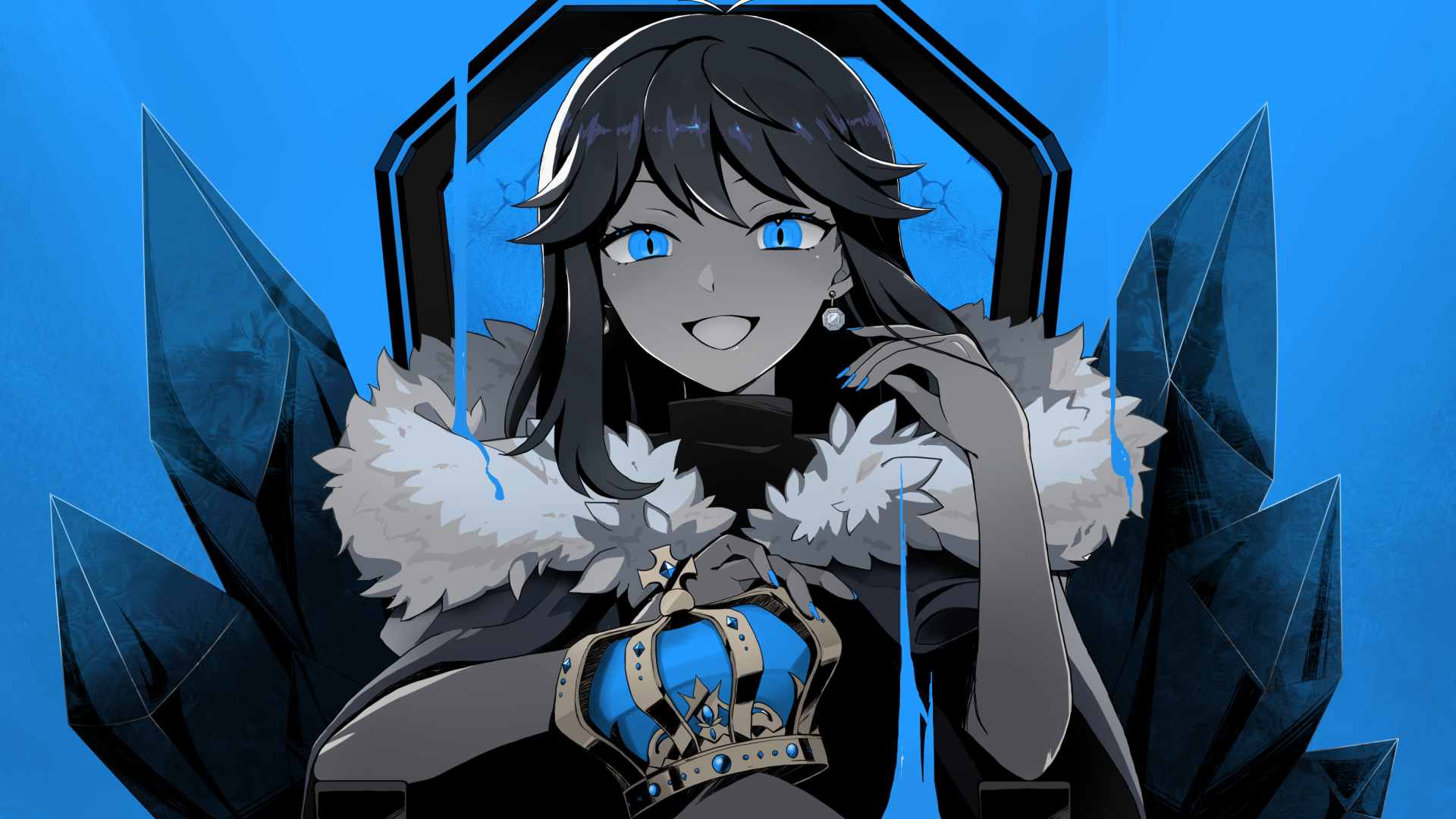 green (pokemon), king (vocaloid), nintendo, pokemon, pokemon adventures, artist request, highres, 1girl, adjusting hair, ahoge, bare arms, black dress, blue eyes, blue nails, blue theme, breasts, brown hair, cape, crown, dress, earrings, facing viewer, female focus, fingernails, fur-trimmed cape, fur trim, hair flaps, hands up, happy, long hair, looking at viewer, medium breasts, nail polish, no gloves, open mouth, sidelocks, sleeveless, sleeveless dress, slit pupils, sphere earrings, throne, turtleneck, turtleneck dress, upper body