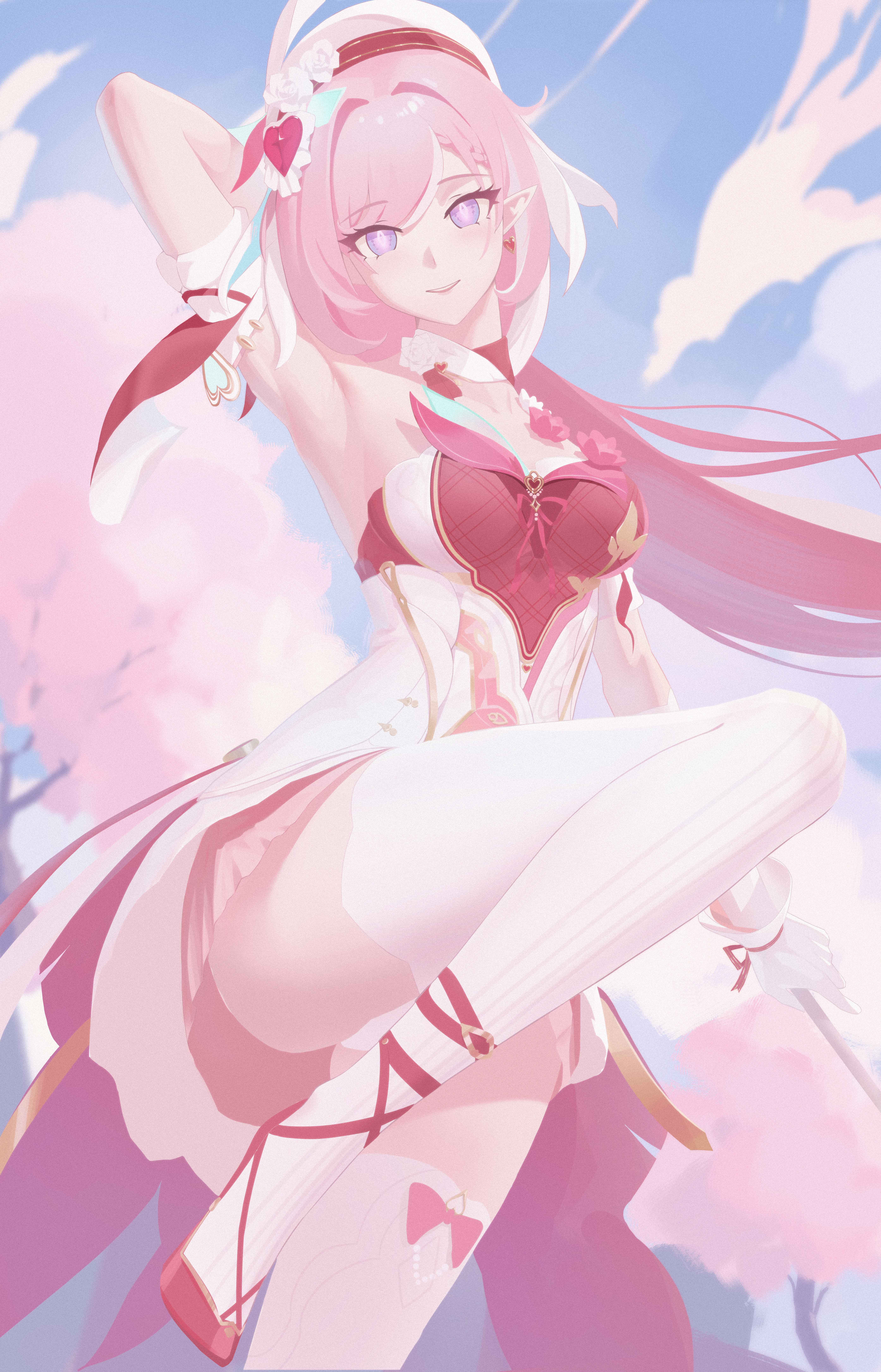 niao fan, elysia (hi love elf) (honkai impact), elysia (honkai impact), honkai (series), honkai impact 3rd, absurdres, commentary, highres, 1girl, arm behind head, arm up, armpits, blue sky, breasts, day, dress, earrings, foot out of frame, hair ornament, hat, heart, heart earrings, jewelry, long hair, looking at viewer, medium breasts, multicolored hair, outdoors, parted lips, pink hair, pink shoes, pointy ears, purple eyes, shoes, sky, smile, solo, streaked hair, thighs, white dress, white hat