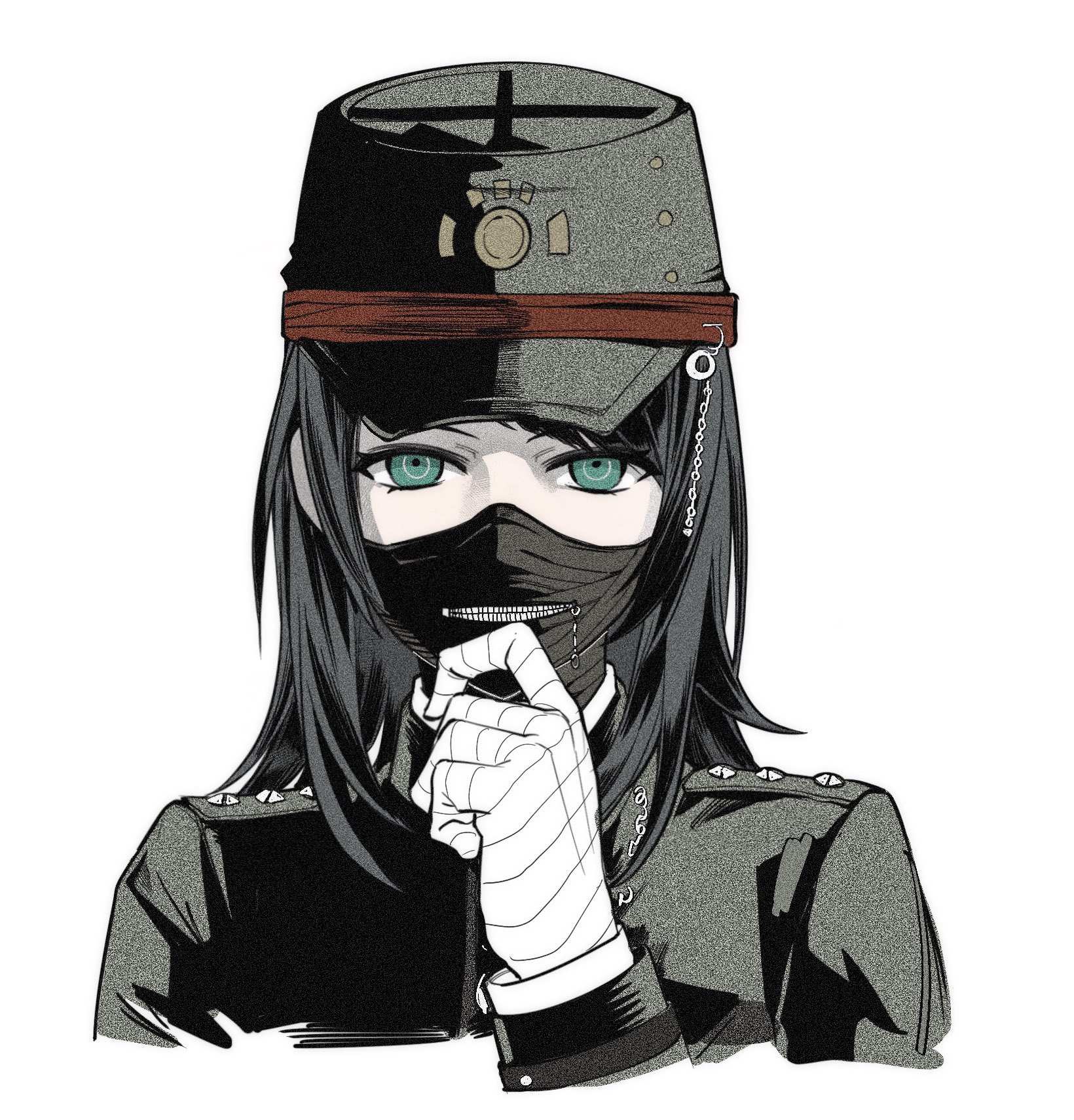 cracy logan, shinguji korekiyo, yahata umiri, bang dream!, bang dream! it's mygo!!!!!, danganronpa (series), danganronpa v3: killing harmony, commentary, highres, 1girl, alternate costume, bandaged hand, bandages, black hair, black hat, black jacket, cosplay, covered mouth, cropped shoulders, green eyes, hand on own chin, hand up, hat, jacket, long sleeves, looking at viewer, mask, medium hair, mouth mask, ninja mask, parody, shinguji korekiyo (cosplay), shoulder boards, simple background, solo, straight-on, stroking own chin, white background, zipper