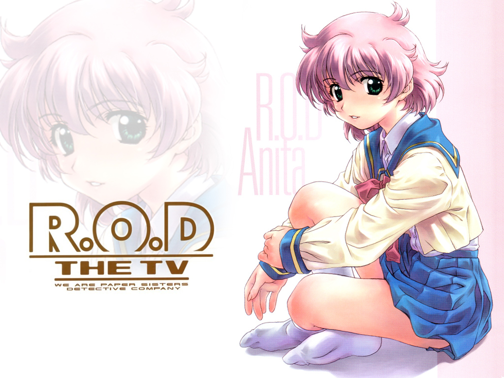 uon taraku, anita king, r.o.d the tv, read or die, non-web source, official art, official wallpaper, 00s, 1girl, bow, child, crossed legs, female focus, green eyes, hugging own legs, indian style, kneehighs, pink hair, pleated skirt, school uniform, serafuku, short hair, sitting, skirt, smile, socks, solo, zoom layer