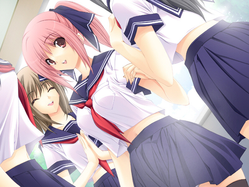 iizuki tasuku, kirihara mana, temptation, temptation h, game cg, non-web source, 4girls, dutch angle, long hair, multiple girls, pink eyes, pink hair, ponytail, red eyes, school uniform, serafuku, thighhighs, zettai ryouiki