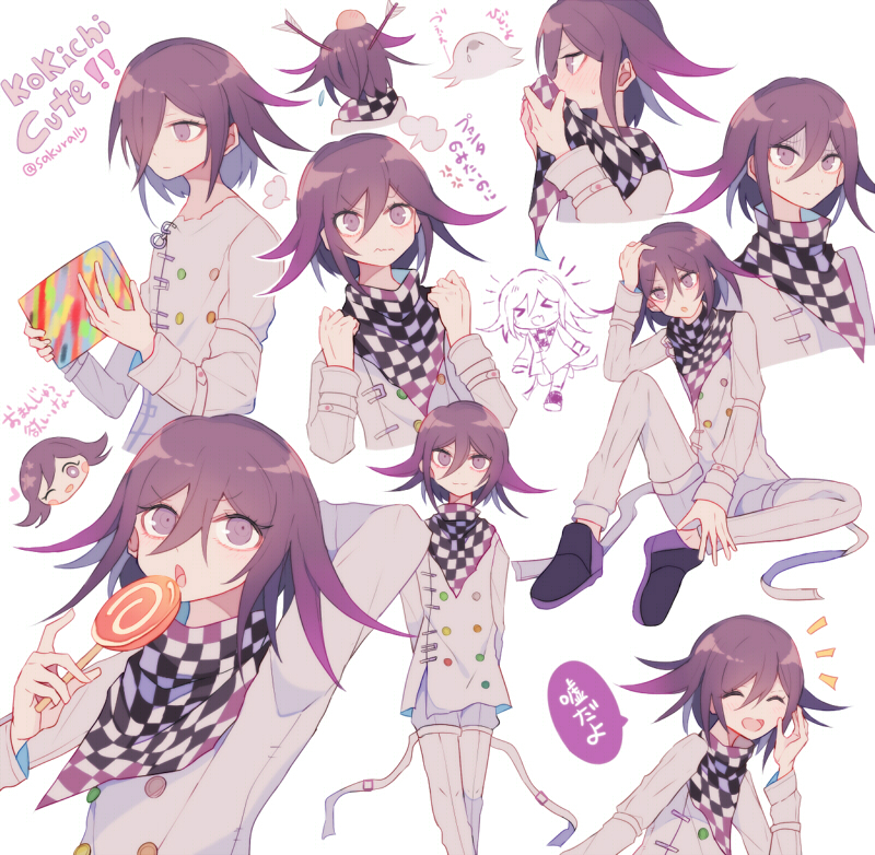 sakura (fein5862817), boice, oma kokichi, danganronpa (series), danganronpa v3: killing harmony, commentary request, translation request, > <, 1boy, aegyo sal, annoyed, arm belt, arrow (projectile), arrow in body, arrow in head, belt, black scarf, black shoes, blush, bored, buttons, character name, checkered clothes, checkered scarf, chibi, clenched hands, closed mouth, covering own mouth, cropped torso, denim, double-breasted, dress pants, dress shoes, expressionless, feet out of frame, from behind, frown, full body, hair between eyes, hair over one eye, hand on own ankle, hand on own cheek, hand on own face, hand on own head, happy, head only, holding, holding tablet pc, injury, jacket, jeans, knee up, long sleeves, male focus, multicolored buttons, multiple belts, multiple views, no scarf, notice lines, object through head, one eye closed, open belt, open mouth, pants, puff of air, purple eyes, purple hair, scarf, shoes, short hair, simple background, sitting, speech bubble, sweatdrop, tablet pc, thigh belt, thigh strap, torn clothes, torn jeans, torn pants, twitter username, two-tone scarf, white background, white belt, white jacket, white pants, white scarf, wrist belt