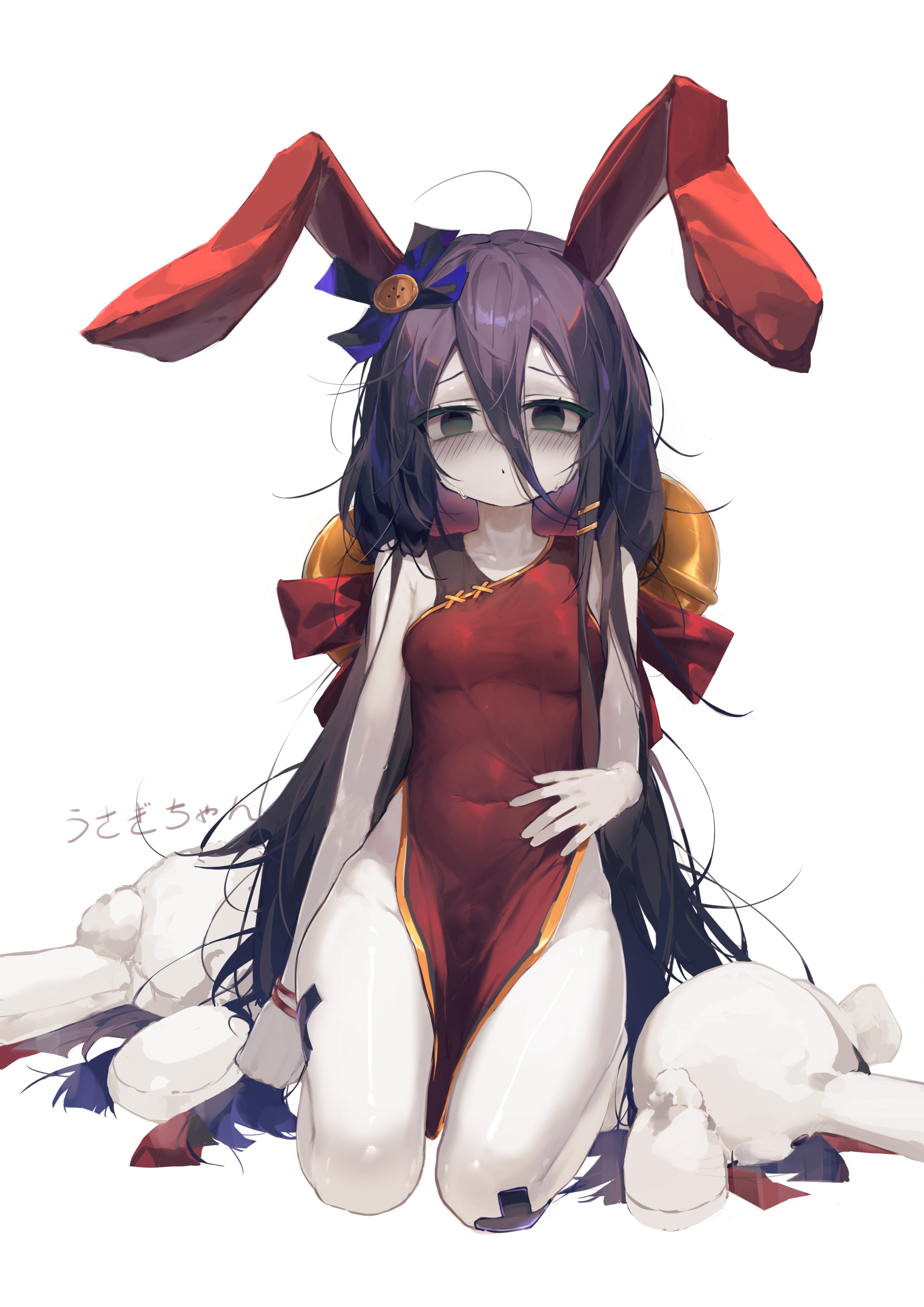 ap04astral, chuugoku usagi, voicevox, absurdres, highres, 1girl, animal ears, bare shoulders, bell, black eyes, black hair, blue ribbon, bow, bracelet, breasts, button hair ornament, china dress, chinese clothes, colored skin, covered navel, dress, fake animal ears, full body, furrowed brow, hair bell, hair between eyes, hair bow, hair ornament, hair ribbon, hairclip, jewelry, jingle bell, long hair, long hair between eyes, looking at viewer, messy hair, pelvic curtain, rabbit ears, red bow, red dress, ribbon, side slit, sleeveless, sleeveless dress, small breasts, solo, stuffed animal, stuffed rabbit, stuffed toy, very long hair, white background, white skin
