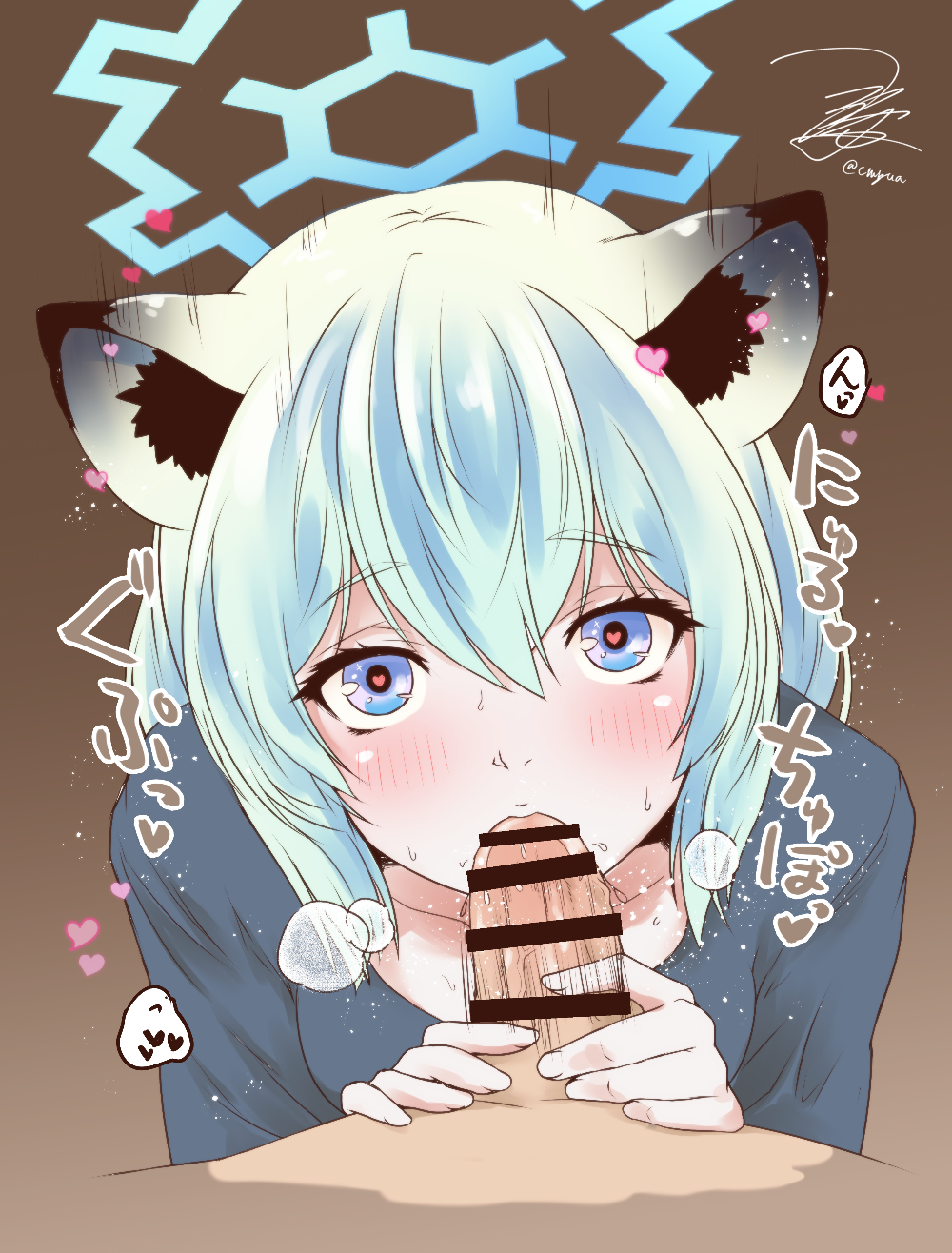 yua (checkmate), shigure (blue archive), blue archive, highres, 1boy, 1girl, animal ear fluff, animal ears, aqua hair, blue halo, breasts, fellatio, grey shirt, hair between eyes, halo, heart, heart in eye, hetero, long sleeves, looking at viewer, medium breasts, oral, penis, pov, purple eyes, shirt, short hair, symbol in eye, weasel ears, weasel girl