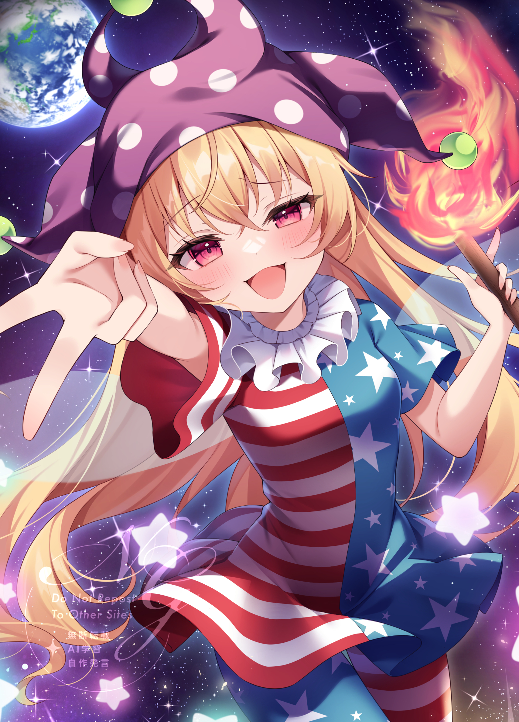 miy@, clownpiece, touhou, commentary request, highres, 1girl, :d, american flag dress, american flag legwear, blonde hair, cowboy shot, earth (planet), fire, gyaru v, hat, holding, holding torch, horizontal-striped dress, jester cap, long hair, looking at viewer, neck ruff, open mouth, pantyhose, planet, polka dot hat, polka dot headwear, purple hat, red eyes, smile, solo, star (sky), star (symbol), torch, v, very long hair, watermark