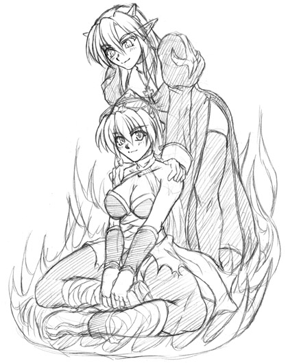 assassin (ragnarok online), priest (ragnarok online), ragnarok online, 2girls, elf, fire, greyscale, horns, indian style, leaning forward, long hair, monk, monochrome, multiple girls, pointy ears, priest, priestess, sitting, thighhighs