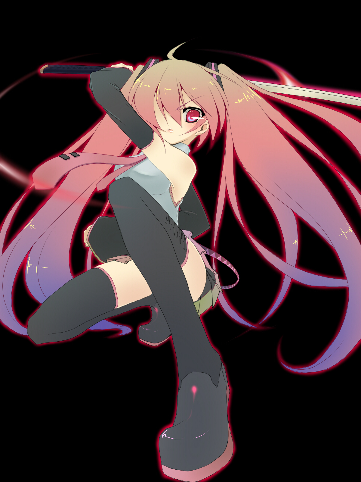 oota minoru, hatsune miku, shakugan no shana, vocaloid, highres, non-web source, detached sleeves, long hair, necktie, parody, red eyes, solo, sword, thighhighs, twintails, weapon