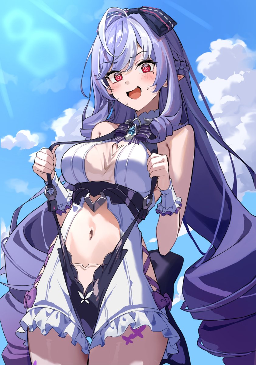 uuroncha, vivian banshee, vivian banshee (iris of the shore), zenless zone zero, highres, 1girl, @ @, bare arms, bare shoulders, blush, breasts, day, large breasts, long hair, looking at viewer, mole, mole under eye, multicolored hair, navel, official alternate costume, open mouth, outdoors, pointy ears, purple hair, red eyes, solo, stomach, streaked hair, very long hair, white hair