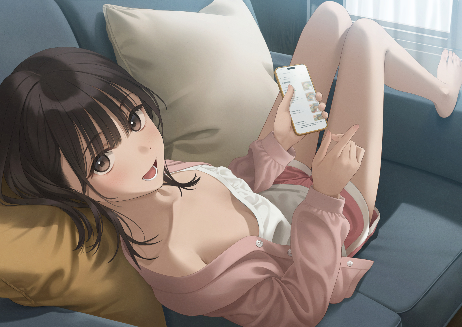 yukiyama momo, original, commentary request, highres, variant set, 1girl, :d, barefoot, black hair, blunt bangs, camisole, cellphone, couch, head on pillow, holding, holding phone, indoors, knees up, long sleeves, looking at viewer, looking back, lying, on back, on couch, open mouth, pajamas, phone, pillow, pink pajamas, pink shorts, shorts, smartphone, smile, solo, thighs, tongue, white camisole