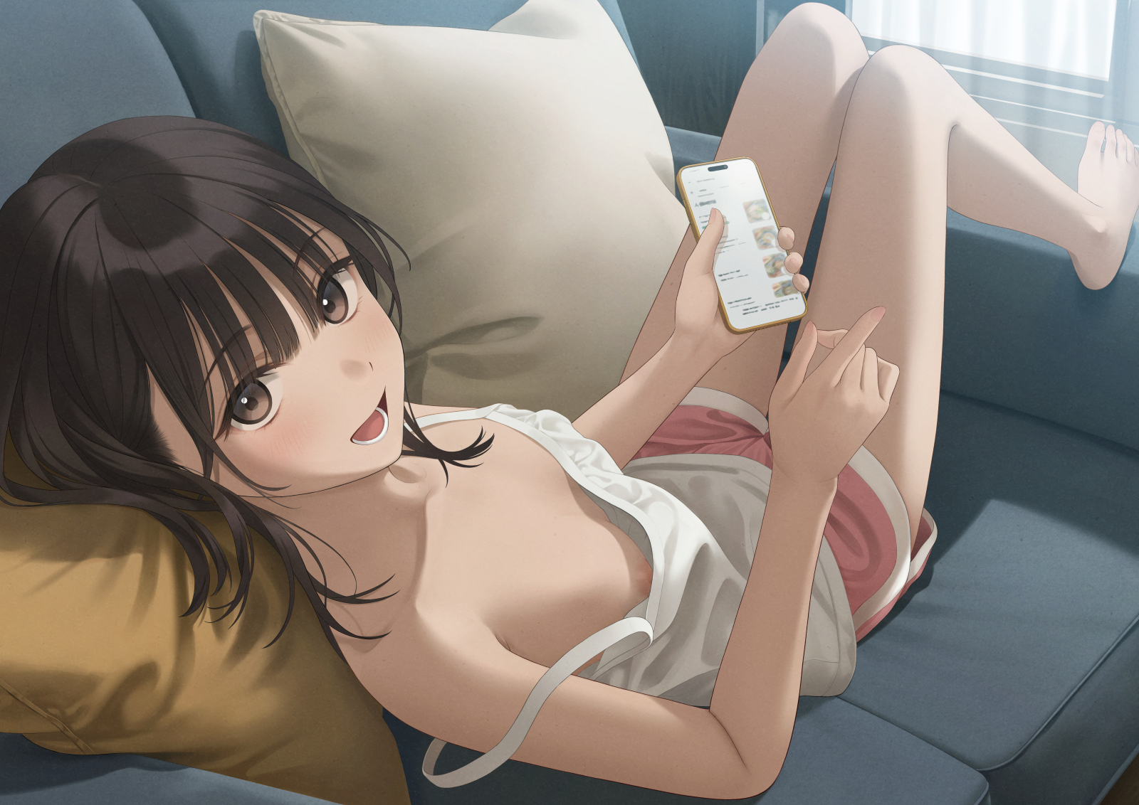 yukiyama momo, original, commentary request, highres, variant set, 1girl, :d, barefoot, black hair, blunt bangs, camisole, cellphone, couch, head on pillow, holding, holding phone, indoors, knees up, looking at viewer, looking back, lying, nipple slip, nipples, on back, on couch, open mouth, phone, pillow, pink shorts, shorts, smartphone, smile, solo, spaghetti strap, strap slip, thighs, tongue, white camisole