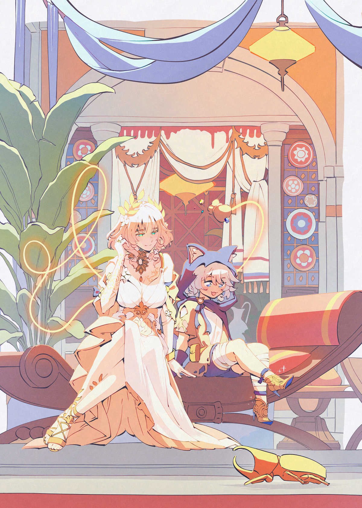 velkia, aglaea (honkai: star rail), cipher (honkai: star rail), cipher (in pursuit of the wind) (honkai: star rail), honkai: star rail, honkai (series), highres, 2girls, animal ear fluff, architecture, bag, bandages, blonde hair, blue cape, blue eyes, boots, breasts, bug, cape, cat girl, cleavage, curtains, dress, floral print, flower, gem, gold boots, green hair, grey hair, hair flower, hair ornament, lamp, laurel crown, medium hair, multiple girls, plant, sitting, torn clothes, white dress