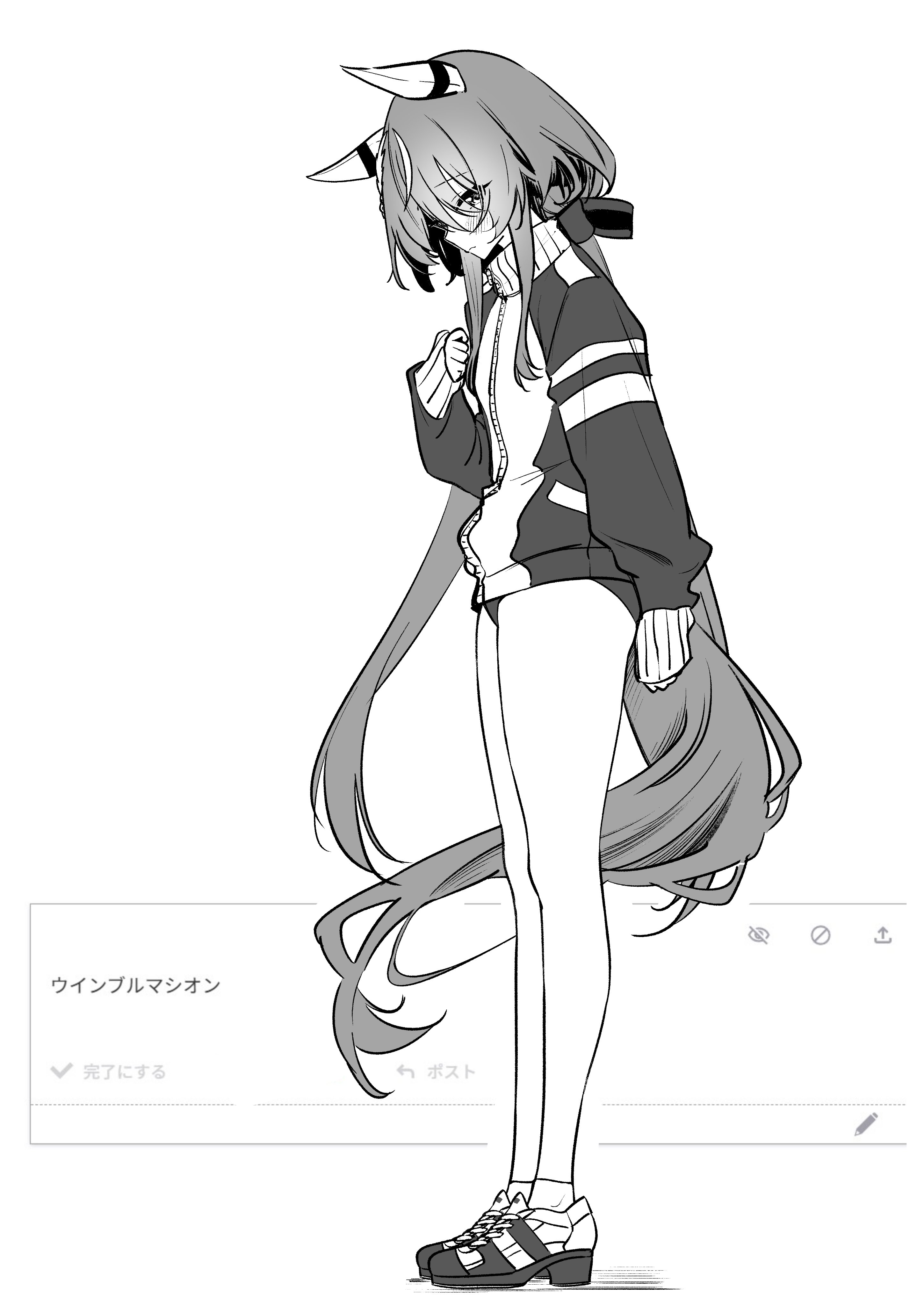 herohero (higashi no dou), win variation (umamusume), umamusume, absurdres, highres, 1girl, animal ears, blush, buruma, closed mouth, ear covers, from side, full body, horse ears, horse girl, horse tail, jacket, long hair, looking at viewer, low ponytail, ponytail, shoes, socks, solo, tail