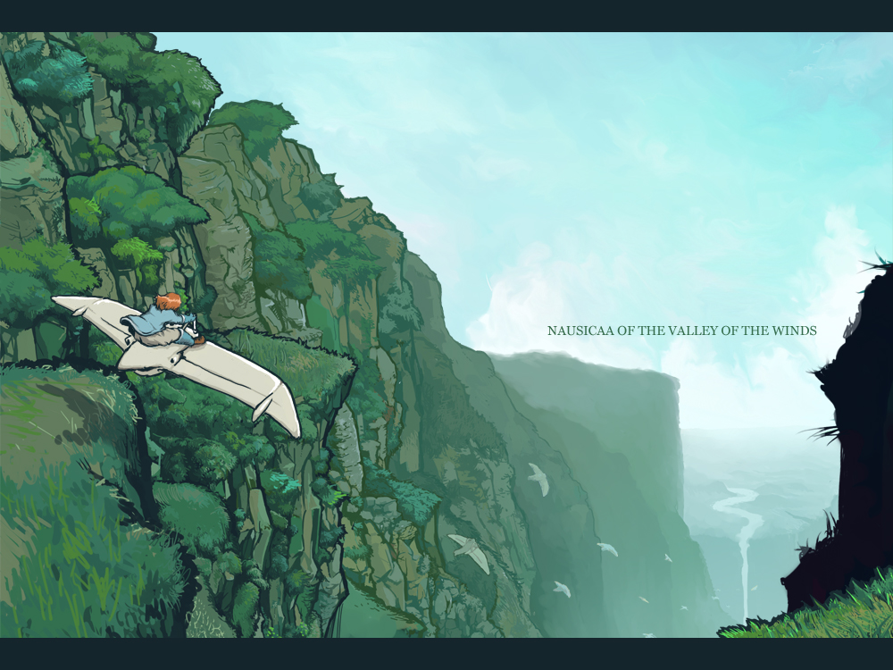 kuro (pixiv122395), xxkuroxx, mehve, nausicaa, kaze no tani no nausicaa, studio ghibli, 1980s (style), bad id, bad pixiv id, cliff, flying, oldschool, retro artstyle, solo