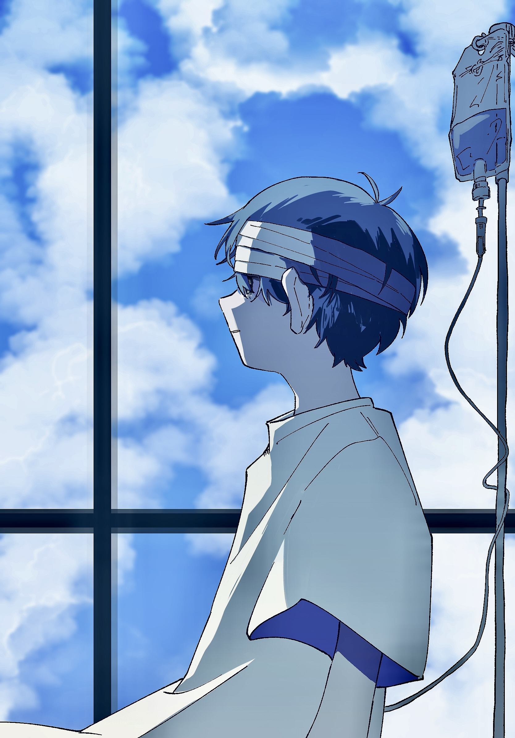shakomori w, sunny (omori), omori, commentary request, highres, spoilers, 1boy, antenna hair, backlighting, bandaged head, bandages, black eyes, black hair, blue sky, cloud, day, from side, indoors, intravenous drip, looking ahead, male focus, official alternate costume, parted lips, profile, shirt, short hair, short sleeves, sky, solo, sunny (hospital gown) (omori), tearing up, upper body, very short hair, white shirt, window