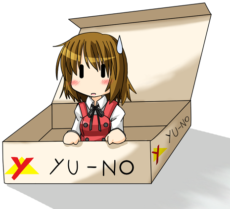 yuno (hidamari sketch), hidamari sketch, lowres, 00s, box, brown hair, school uniform, short hair, solo, sweatdrop, yamabuki high school uniform