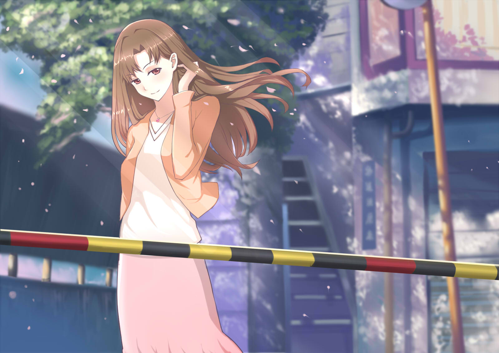 sukitsukasa, shinohara akari, byousoku 5 centimeter, commentary request, highres, 1girl, brown eyes, brown hair, falling petals, jacket, jewelry, long hair, looking at viewer, necklace, orange jacket, outdoors, petals, pink skirt, railroad crossing, shirt, skirt, smile, solo, white shirt
