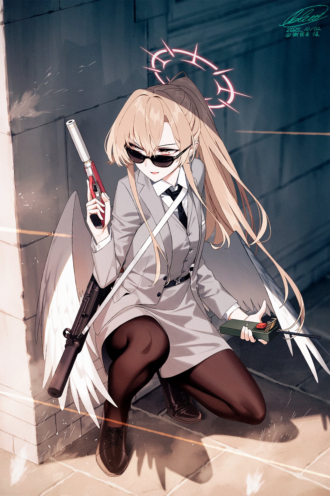 blew andwhite, nagisa (blue archive), blue archive, highres, weapon request, 1girl, alternate costume, angel wings, black pantyhose, dated, feathered wings, formal clothes, full body, gun, halo, handgun, holding, holding detonator, holding gun, holding weapon, long hair, looking to the side, low wings, necktie, on one knee, pantyhose, ponytail, projectile trail, shirt, signature, solo, submachine gun, suit, sunglasses, weapon, white shirt, white wings, wings