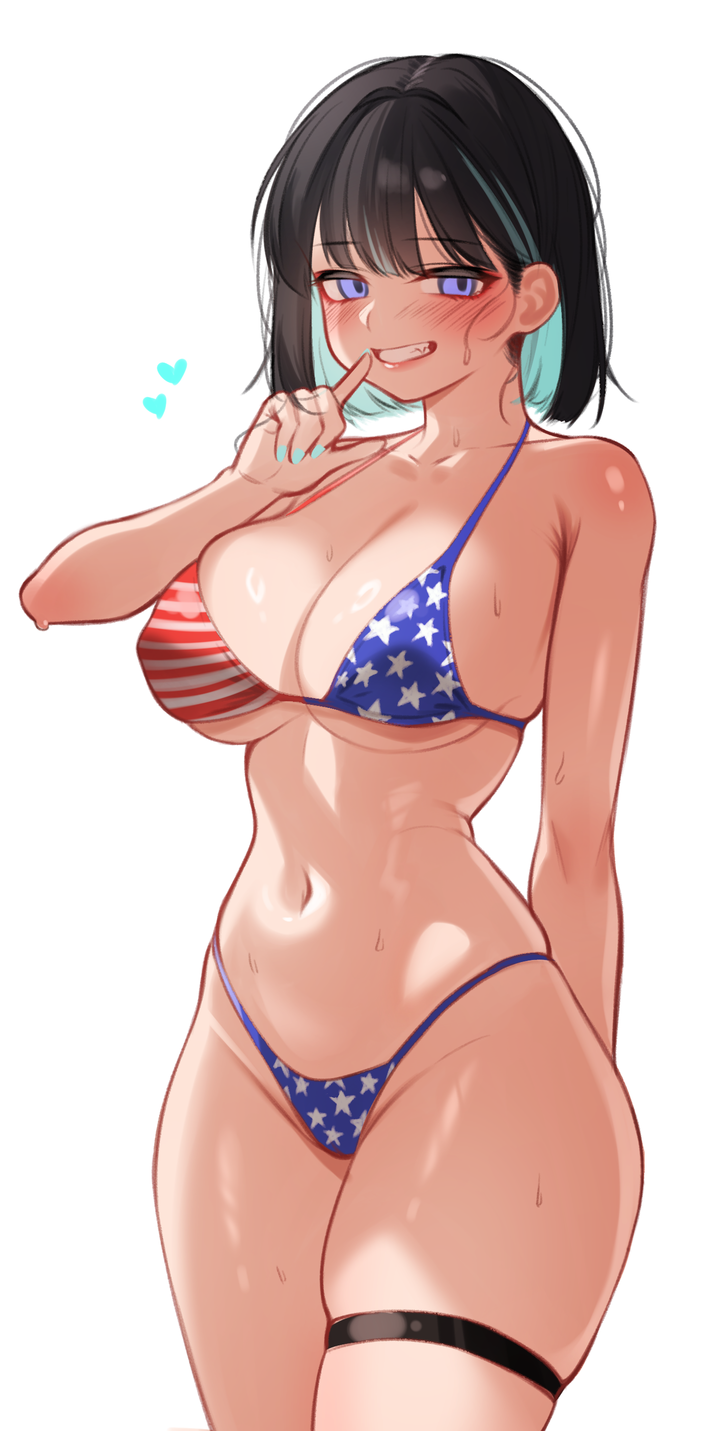 charon (duddnd2361), debi (black survival), black survival, eternal return: black survival, absurdres, commentary request, highres, korean commentary, 1girl, alternate costume, american flag, american flag bikini, american flag print, bikini, blue eyes, blue hair, blush, bob cut, breasts, cleavage, colored inner hair, cowboy shot, fingernails, flag print, flag print bikini, grin, highleg, highleg bikini, index finger raised, large breasts, looking at viewer, multicolored bikini, multicolored hair, nail polish, navel, print bikini, shiny skin, short hair, simple background, skindentation, smile, solo, star (symbol), star print, stomach, sweat, swimsuit, thigh strap, thighs, white background