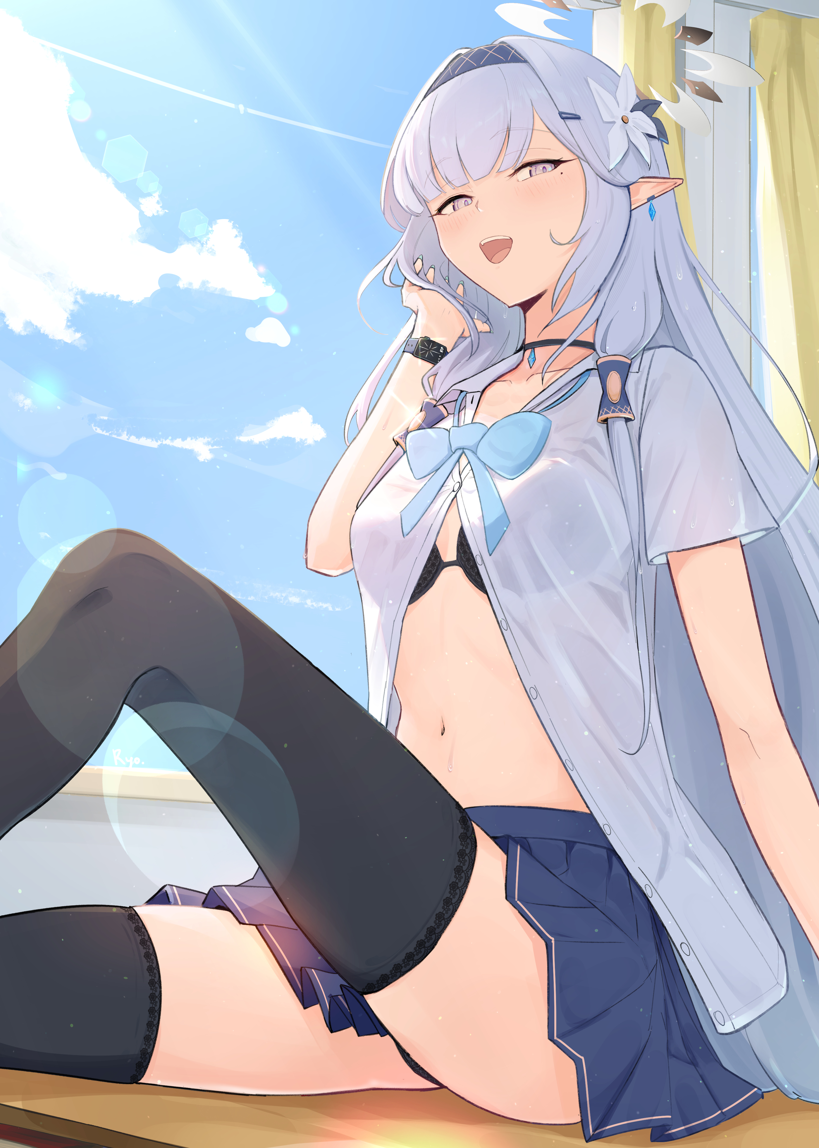 mola (mola526), himari (blue archive), blue archive, absurdres, highres, 1girl, black bra, black hairband, black panties, black thighhighs, blue skirt, blush, bra, flower, grey hair, hair flower, hair ornament, hairband, halo, hand in own hair, looking at viewer, navel, open clothes, open mouth, open shirt, panties, purple eyes, short sleeves, skirt, solo, stomach, thighhighs, underwear, white flower, white halo