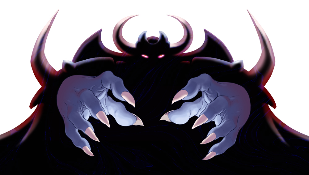 baal, baal (disgaea), disgaea, makai senki disgaea 2, makai senki disgaea 3, nippon ichi, helmet, horns, looking at viewer, monster, no humans, silhouette, simple background, solo, white background