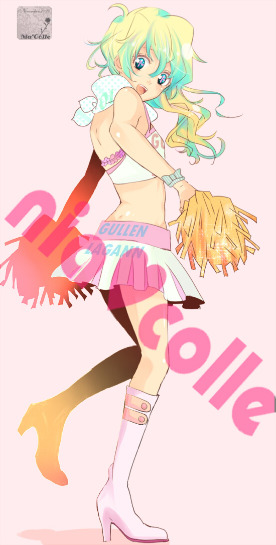 deirn, kiui, nia teppelin, tengen toppa gurren lagann, bad id, bad pixiv id, 00s, 1girl, bandana, boots, bracelet, cheerleader, fashion, female focus, halterneck, jewelry, multicolored hair, nia colle, pom pom (cheerleading), side ponytail, skirt, smile, solo
