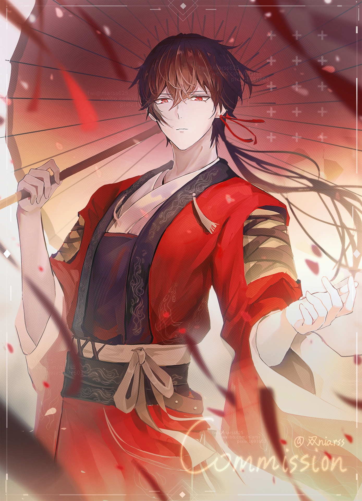 niarss, ayn alwyn, lovebrush chronicles, chinese commentary, commission, highres, 1boy, black hair, black sash, blurry, chinese clothes, closed mouth, cowboy shot, cross-laced clothes, cross-laced sleeves, depth of field, duijin ruqun, earrings, expressionless, falling petals, hair between eyes, hand up, hanfu, holding, holding umbrella, jewelry, long hair, looking at viewer, low ponytail, male focus, neck tassel, oil-paper umbrella, petals, ponytail, red eyes, red hanfu, red ribbon, red umbrella, ribbon, ribbon earrings, sash, single earring, solo, standing, streamers, tassel, three-quarter sleeves, umbrella, waist sash, white sash, wide sleeves