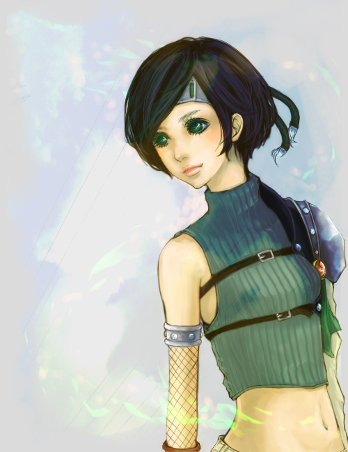 yuffie kisaragi, final fantasy, final fantasy vii, non-web source, 1990s (style), 1girl, armor, bare shoulders, brown hair, female focus, fishnets, green eyes, headband, midriff, retro artstyle, short hair, sleeveless, sleeveless turtleneck, solo, turtleneck