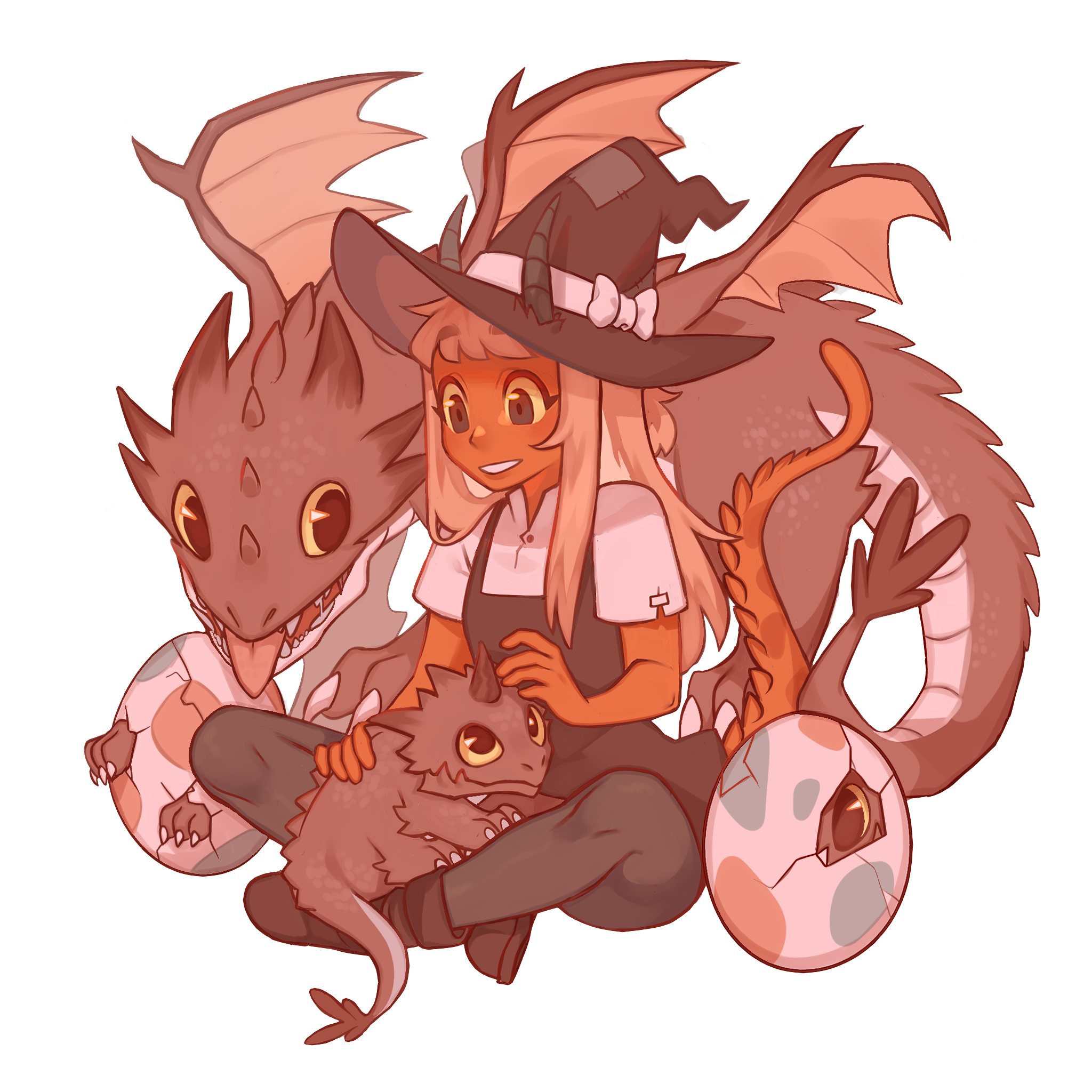 original, commentary, english commentary, highres, 1girl, black dress, black eyes, black pantyhose, colored sclera, dragon, dragon girl, dragon horns, dragon tail, dress, egg, gift art, gluca, hat, horns, horns through headwear, indian style, orange hair, orange skirt, pantyhose, petting, short dress, single horn, sitting, skirt, tail, witch hat, yellow sclera