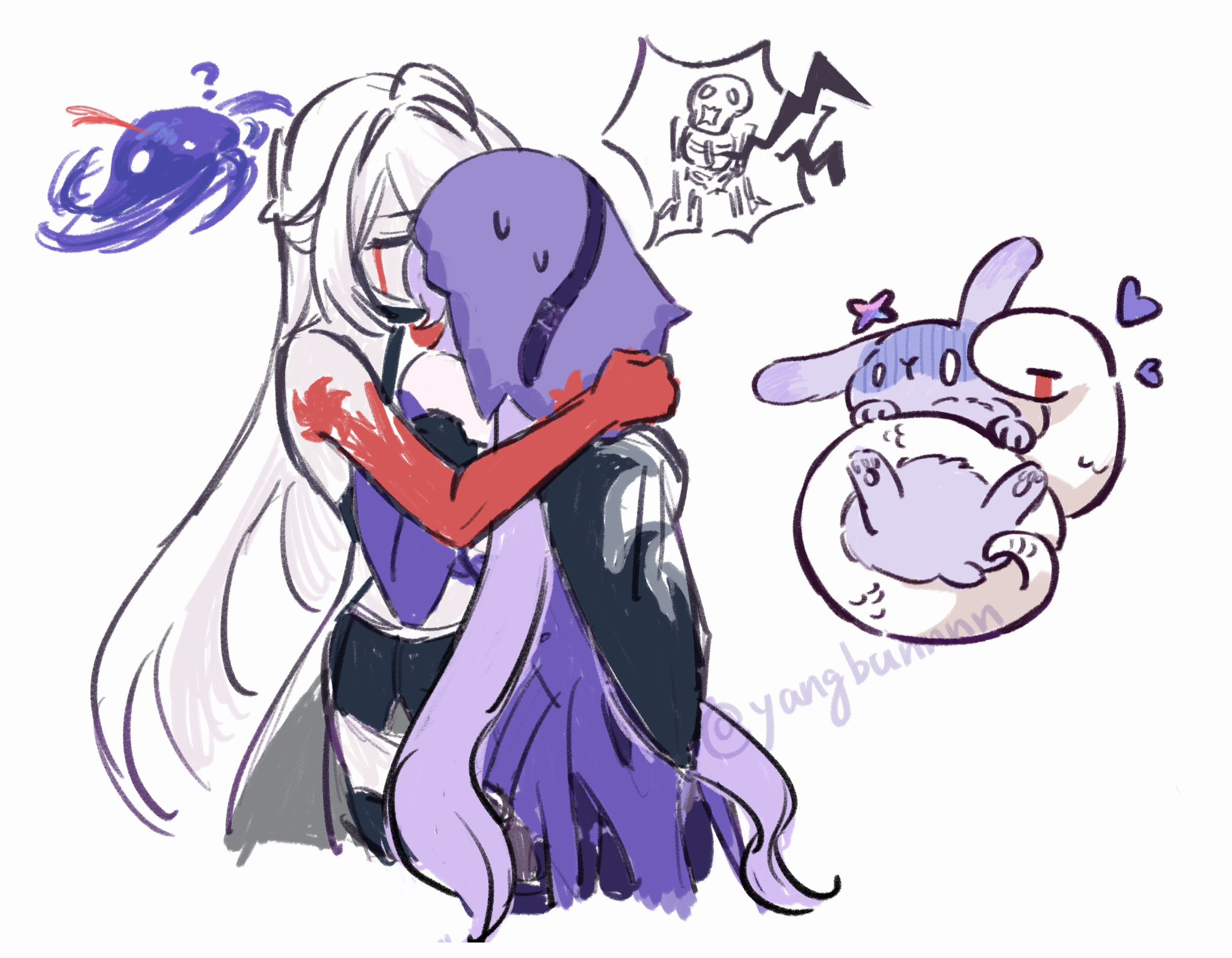 yangjiao mianbao (yangbunnnn), acheron (honkai: star rail), black swan (honkai: star rail), ix (honkai: star rail), honkai: star rail, honkai (series), highres, 2girls, closed eyes, colored skin, dress, hug, long hair, multiple girls, purple dress, purple hair, purple veil, rabbit, red skin, snake, sweatdrop, tears, twitter username, veil, very long hair, white background, white hair, yuri