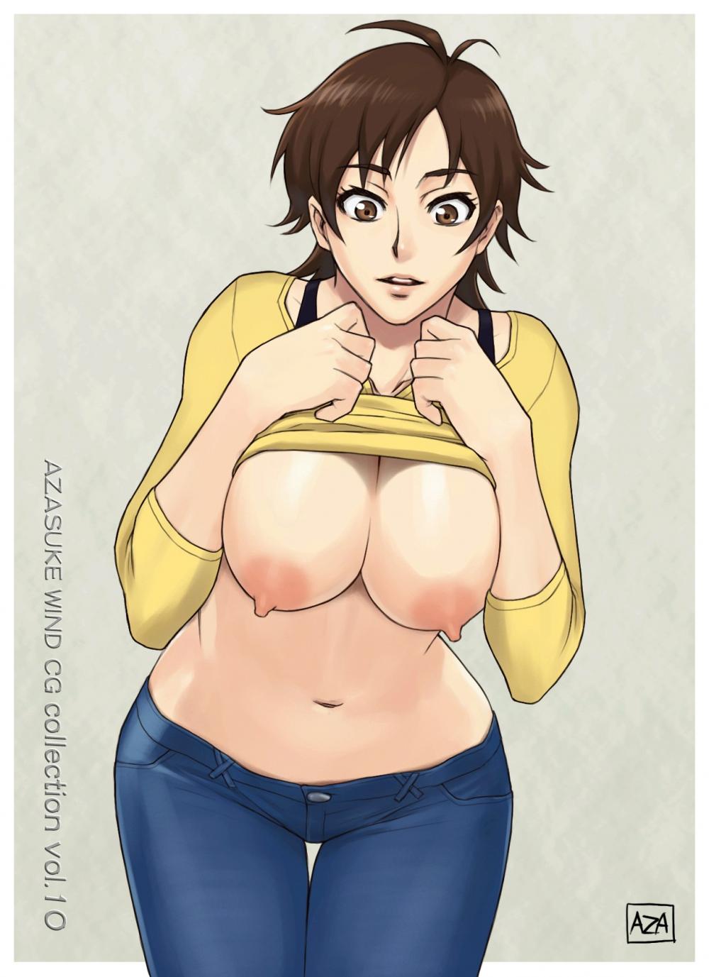 azasuke, amaha masane, witchblade, duplicate, highres, 00s, 1girl, breast suppress, breasts, breasts out, brown eyes, brown hair, clothes lift, denim, female focus, huge breasts, jeans, leaning forward, mature female, midriff, navel, nipples, pants, shirt, shirt lift, solo, standing, thigh gap, thighs