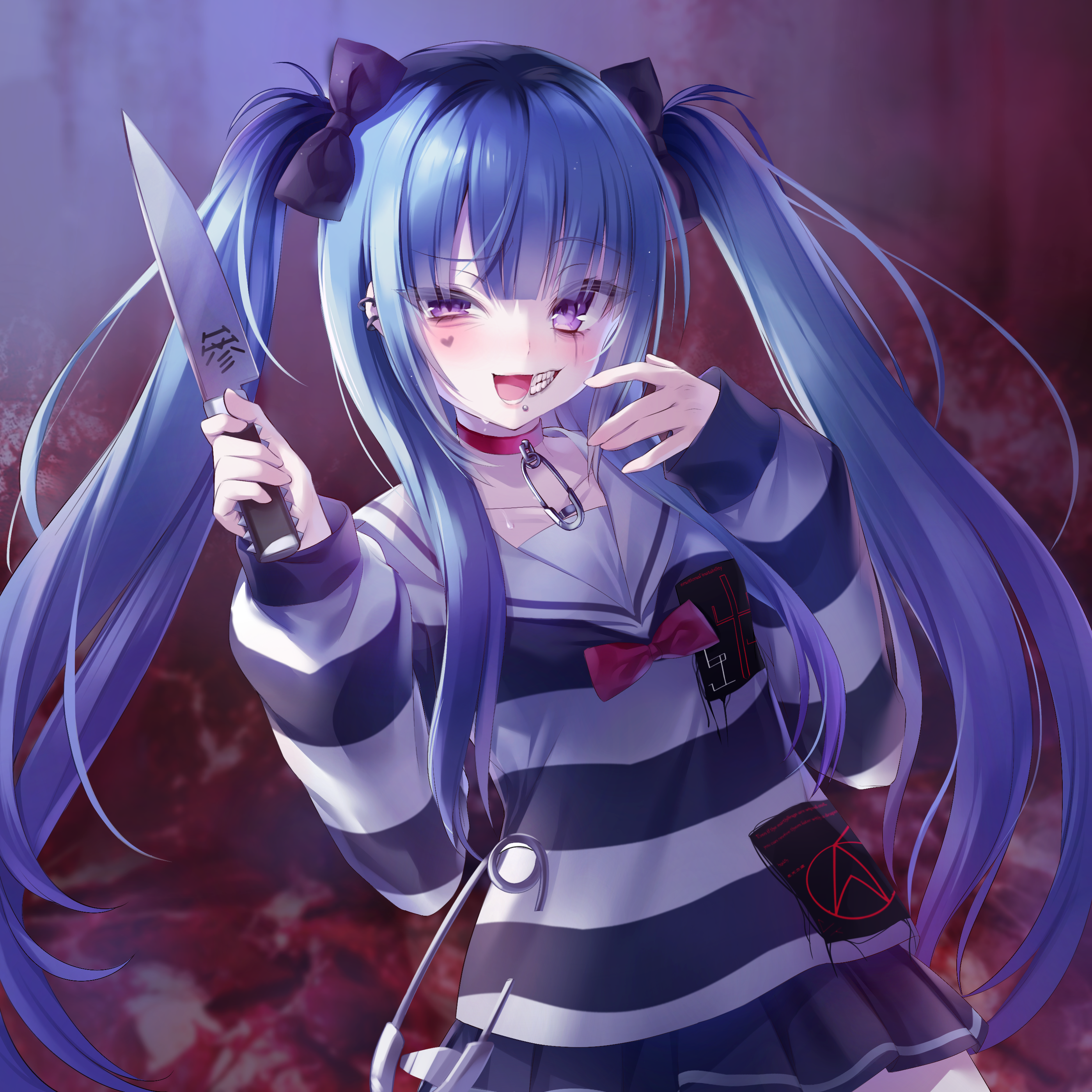 amemiya darumi, the hundred line -last defense academy-, absurdres, artist request, commission, highres, second-party source, 1girl, :d, black bow, black hair, black skirt, blue hair, bow, choker, collarbone, facial mark, hair bow, heart, heart facial mark, holding, holding knife, kitchen knife, knife, long hair, makeup, miniskirt, multicolored hair, open mouth, purple eyes, red bow, red choker, roots (hair), runny makeup, safety pin, sailor collar, shirt, skirt, smile, striped clothes, striped shirt, twintails, uneven eyes, upper body, white sailor collar