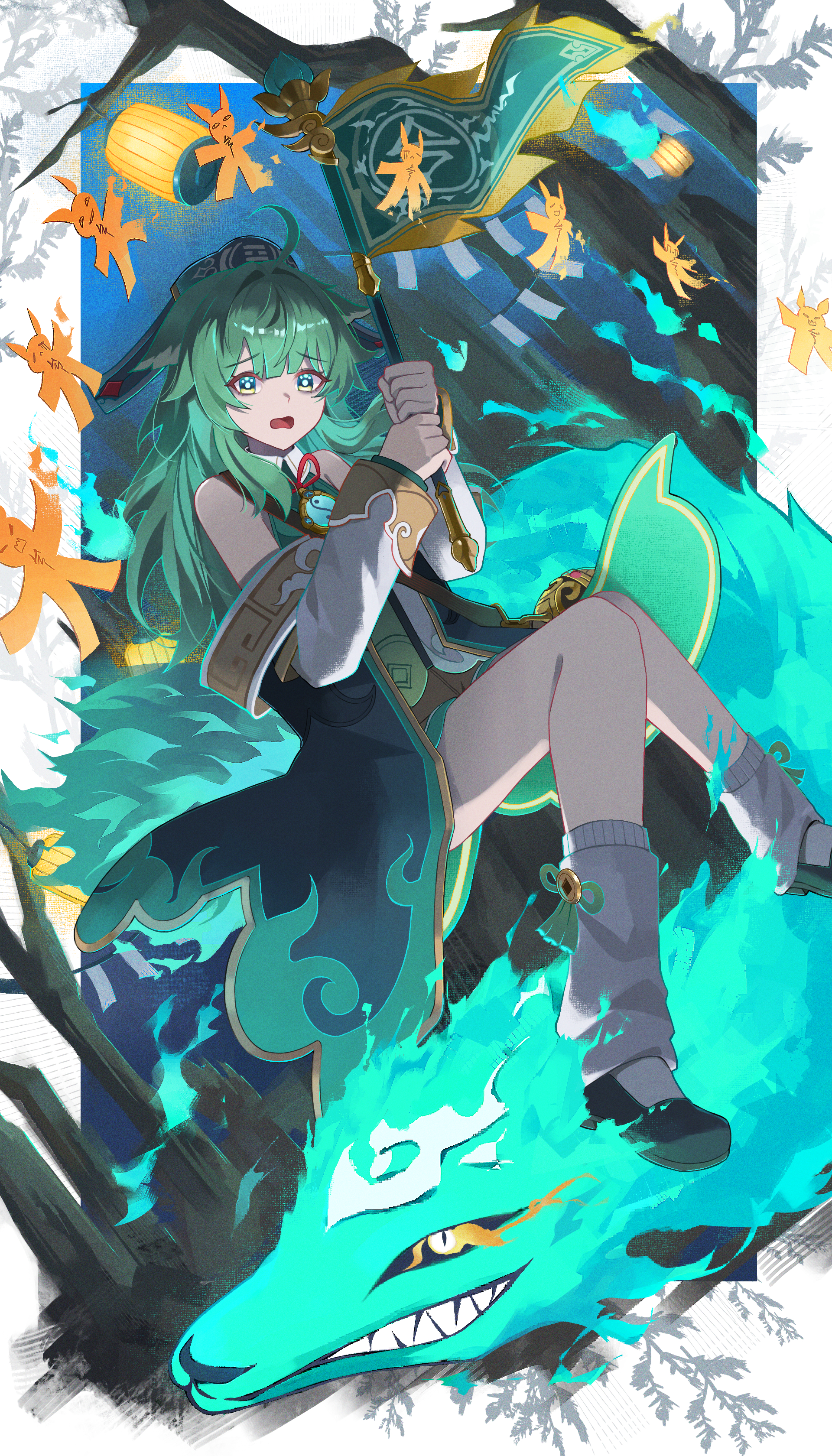 akirahong 1130, heliobus (honkai: star rail), huohuo (honkai: star rail), tail (honkai: star rail), honkai: star rail, honkai (series), absurdres, commentary request, highres, mixed-language commentary, 1girl, ahoge, black shoes, detached sleeves, dianzi, dress, flag, foot out of frame, green eyes, green hair, hat, holding, holding flag, lantern, looking at viewer, loose socks, open mouth, paw-shaped pupils, shoes, socks, symbol-shaped pupils, trembling, white sleeves, white socks