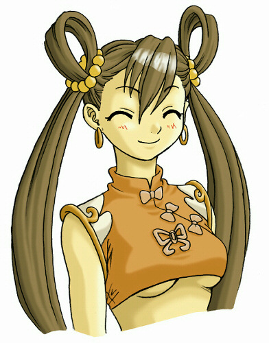 ryoji (nomura ryouji), ranran (marl kingdom), marl kingdom, nippon ichi, rhapsody, lowres, official art, 1girl, ^ ^, beads, blush, bow, breasts, brown hair, chinese clothes, closed eyes, crop top, earrings, female focus, hair between eyes, hair ornament, hoop earrings, jewelry, long hair, midriff, no bra, simple background, sleeveless, smile, solo, turtleneck, twintails, underboob, very long hair, white background