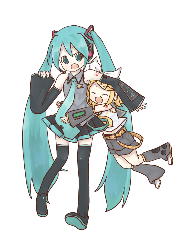 sakuramori sumomo, hatsune miku, kagamine rin, vocaloid, aqua eyes, aqua hair, belt, blonde hair, detached sleeves, fang, glomp, hair ribbon, hug, long hair, necktie, ribbon, short hair, shorts, skirt, thighhighs, twintails, zettai ryouiki