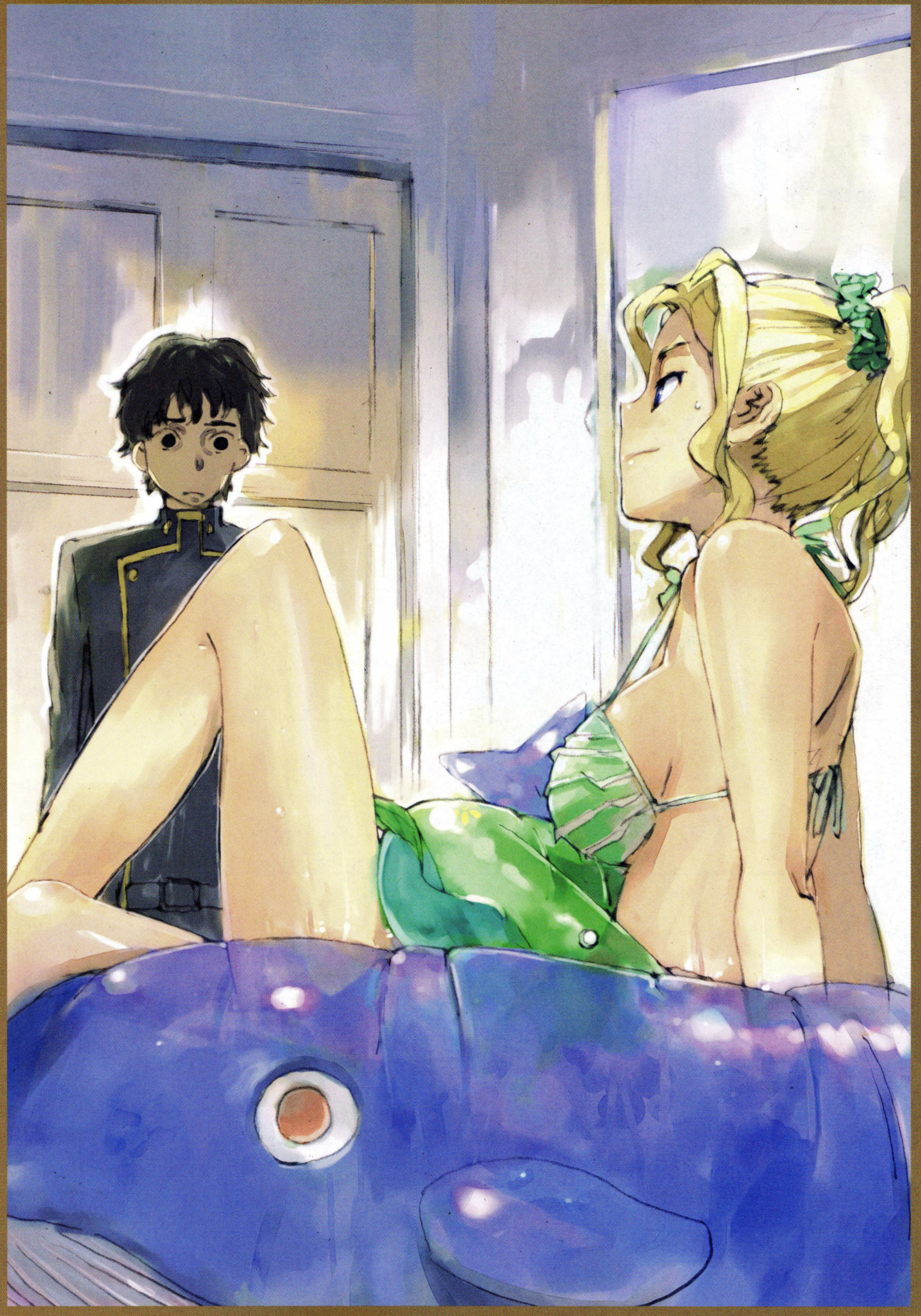 toi8, kururugi suzaku, milly ashford, code geass, absurdres, highres, scan, 00s, 1boy, 1girl, bikini, blonde hair, indoors, innertube, ponytail, school uniform, swim ring, swimsuit, whale