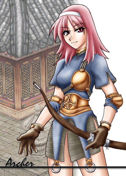 archer (ragnarok online), ragnarok online, armor, bow (weapon), breastplate, gloves, hairband, headband, pink eyes, pink hair, solo, standing, weapon