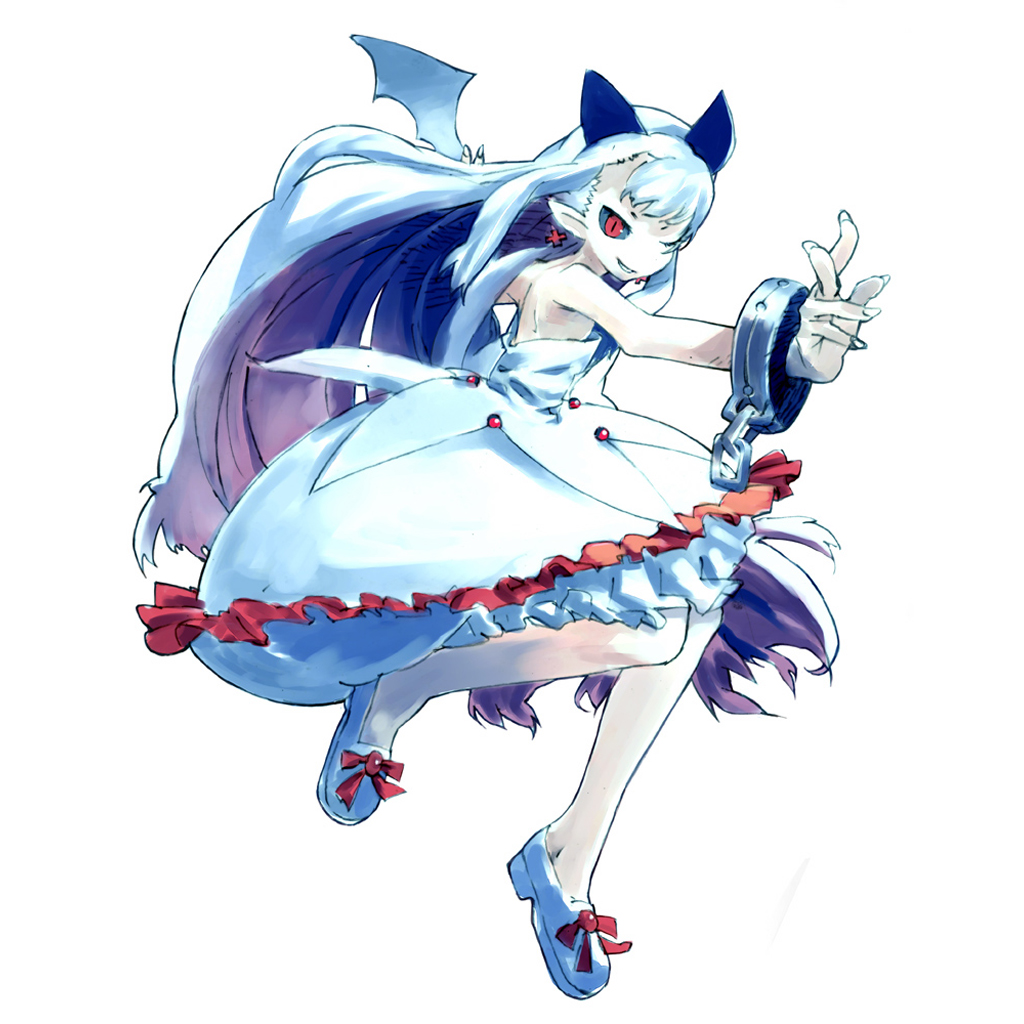 toi8, pram (phantom kingdom), disgaea, nippon ichi, phantom kingdom, 1girl, black sclera, bubble skirt, colored sclera, cuffs, demon girl, demon wings, dress, female focus, horns, one eye closed, red eyes, shackles, simple background, skirt, solo, white background, white hair, wings