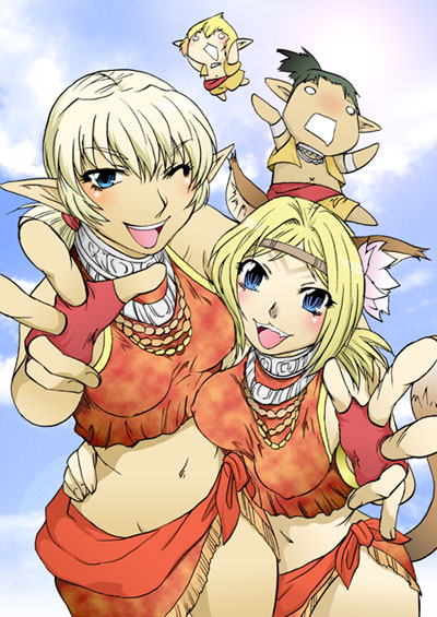elvaan, mithra (ff11), final fantasy, final fantasy xi, 00s, 2boys, 2girls, animal ears, bikini, blonde hair, blue eyes, blush, cat ears, cat tail, elf, multiple boys, multiple girls, pointy ears, short hair, swimsuit, tail, tankini, tarutaru, twintails