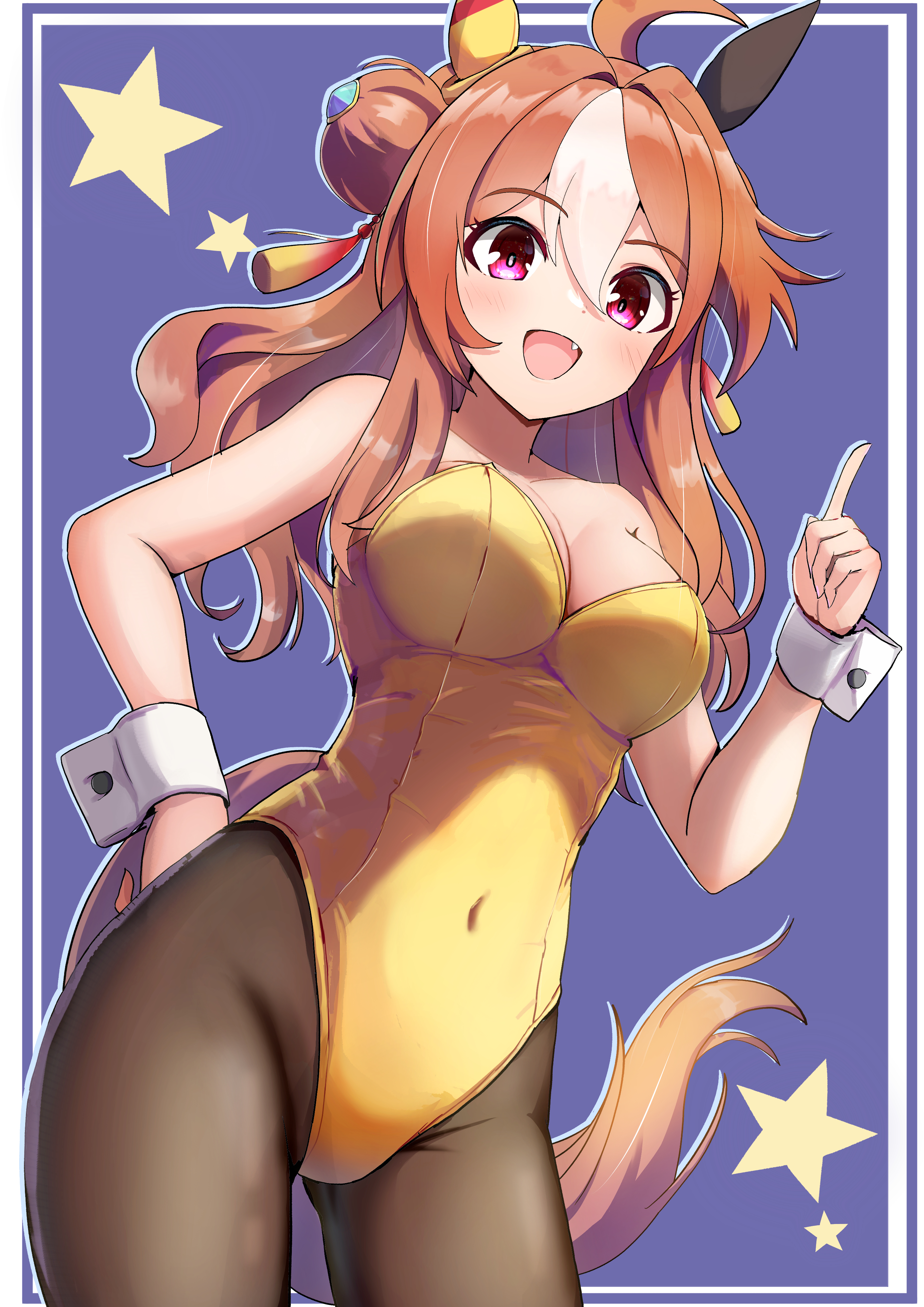 ikaashi you, copano rickey (umamusume), umamusume, absurdres, commentary request, highres, 1girl, alternate costume, animal ears, black pantyhose, blush, border, breasts, brown hair, cleavage, covered navel, double bun, ear covers, fang, hair between eyes, hair bun, hair ornament, hand on own hip, highleg, highleg leotard, horse ears, horse girl, horse tail, index finger raised, large breasts, leotard, long hair, looking at viewer, mismatched ear covers, nontraditional playboy bunny, open mouth, outside border, pantyhose, smile, solo, tail, tassel, tassel hair ornament, white border, white streaks, white wrist cuffs, wrist cuffs, yellow leotard