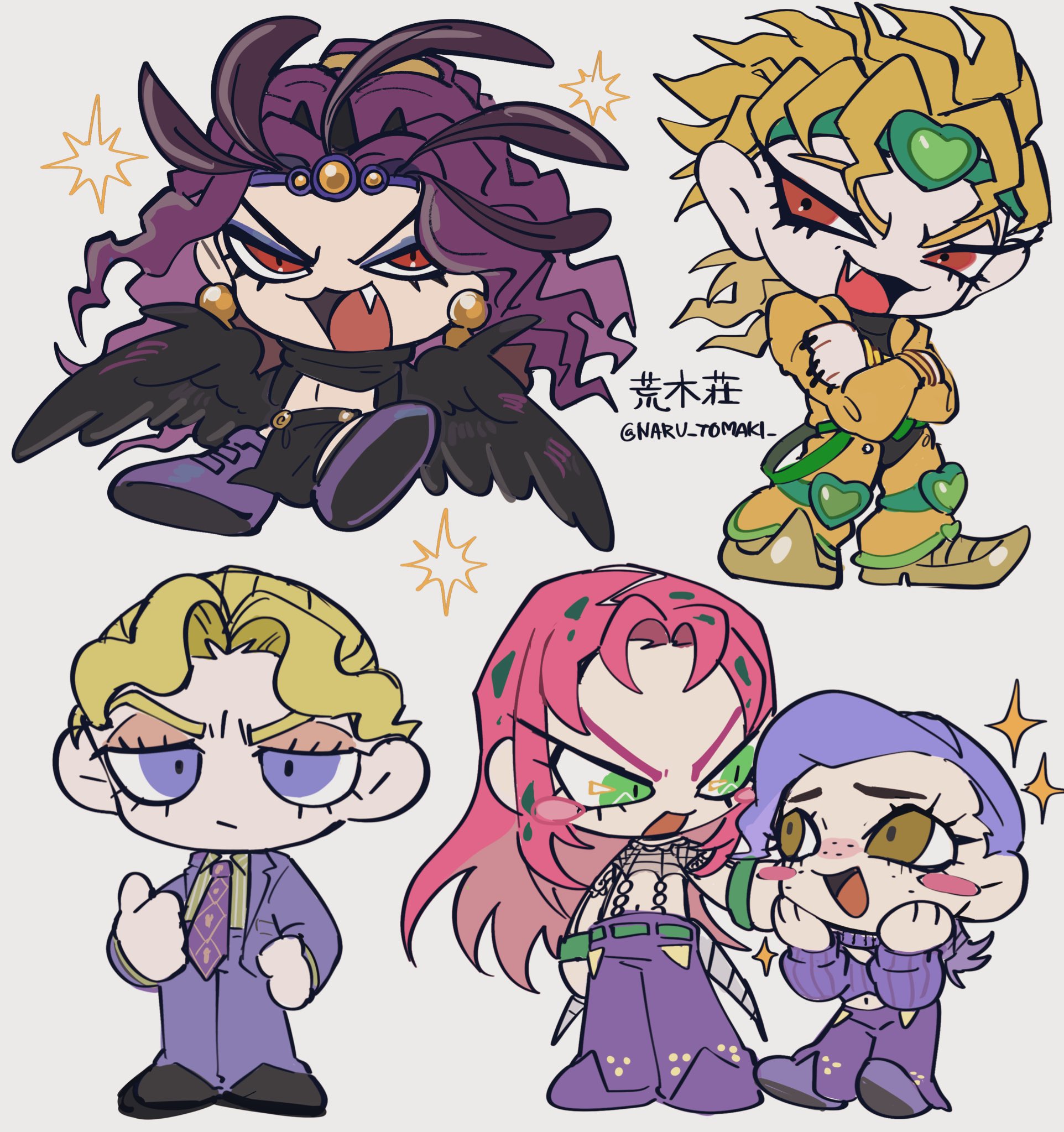 naru tomaki, diavolo, dio brando, kars (jojo), kira yoshikage, vinegar doppio, battle tendency, diamond wa kudakenai, jojo no kimyou na bouken, stardust crusaders, vento aureo, commentary request, highres, 5boys, belt, black shirt, black wings, blonde hair, blue eyes, brown eyes, chibi, chibi only, collared shirt, crossed arms, earrings, fang, feathered wings, feathers, fishnet top, fishnets, formal clothes, freckles, green belt, green eyes, green headband, green shirt, hands on own face, headband, heart ornament, jacket, jewelry, knee pads, long hair, makeup, male focus, multiple boys, navel, necktie, open mouth, pants, pink hair, pointy shoes, purple eyes, purple hair, purple jacket, purple necktie, purple pants, purple shoes, purple sweater, red eyes, shirt, shoes, short hair, smile, sparkle, suit, sweater, white background, wings, yellow jacket, yellow pants
