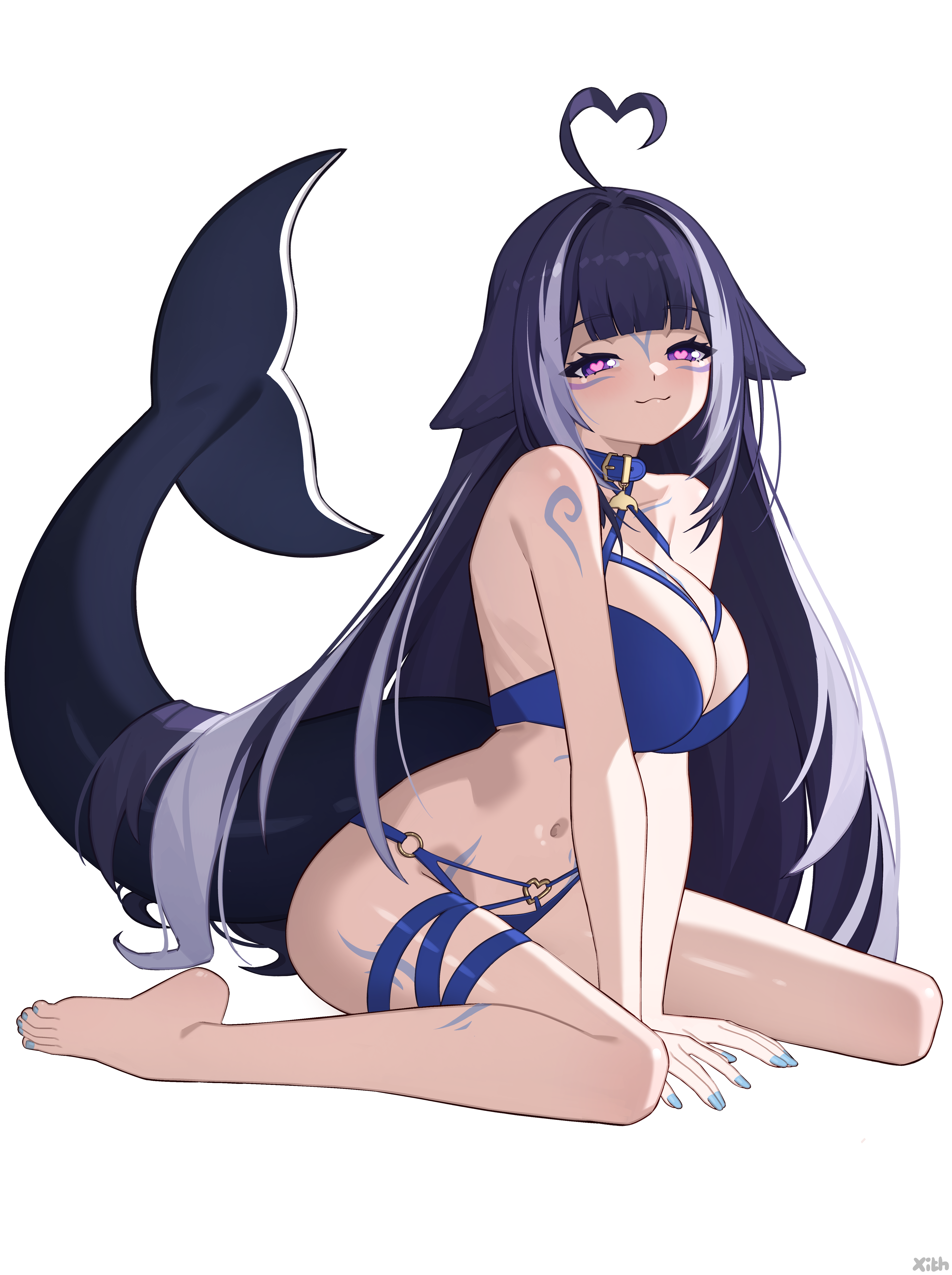 x xith x, shylily, shylily (bikini), indie virtual youtuber, absurdres, commentary, english commentary, highres, 1girl, :3, ahoge, animal ears, artist name, barefoot, bikini, black hair, blue bikini, blue nails, body markings, breasts, cetacean tail, closed mouth, facial mark, fins, fish tail, heart, heart ahoge, large breasts, long hair, looking at viewer, multicolored hair, orca girl, purple eyes, simple background, sitting, smile, solo, stomach, streaked hair, swimsuit, tail, thighs, virtual youtuber, watermark, white background, white hair