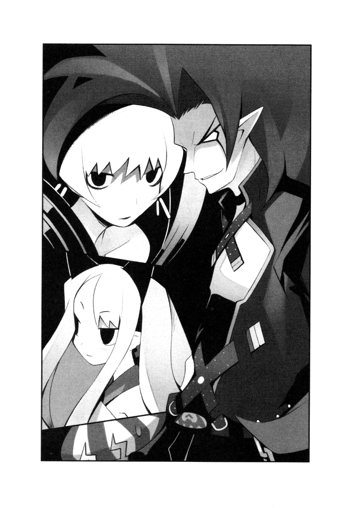 king drake, pram (phantom kingdom), salome (phantom kingdom), zetta (phantom kingdom), disgaea, nippon ichi, phantom kingdom, uniform, 1boy, 2girls, beanie, greyscale, hat, long hair, long sleeves, looking at viewer, monochrome, multiple girls, pointy ears, sidelocks, spiked hair, upper body, very long hair