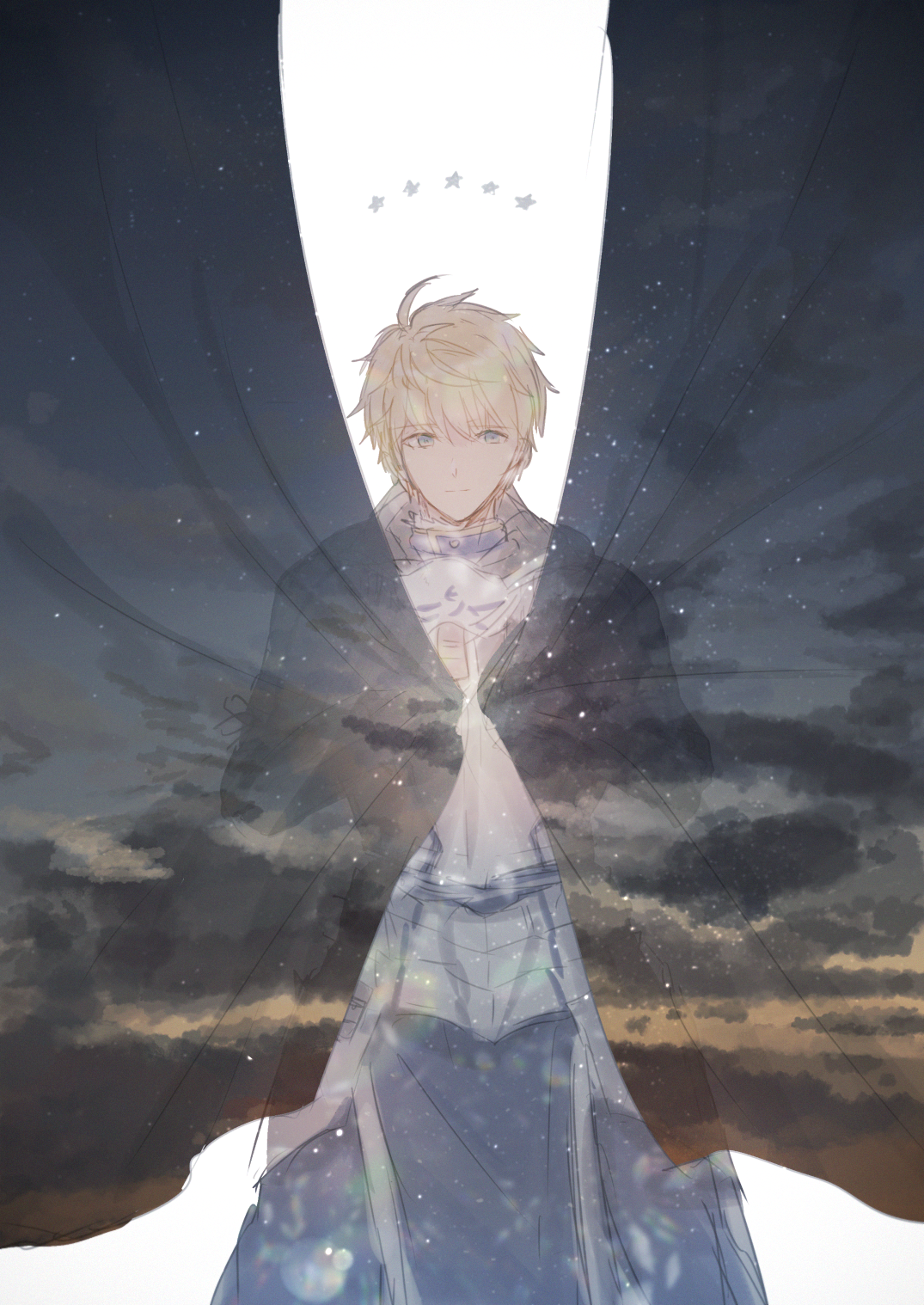 ebi (6 5), arthur pendragon (fate), fate/grand order, fate (series), highres, 1boy, ahoge, armor, black hood, blonde hair, blue eyes, blue robe, breastplate, closed mouth, cloud, cloudy sky, cowboy shot, curtains, faulds, full armor, gauntlets, hair between eyes, holding, looking at viewer, male focus, pauldrons, robe, short hair, shoulder armor, simple background, sky, solo, standing, star (symbol), white armor, white background