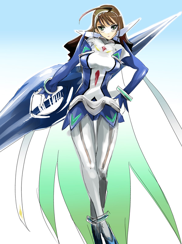 kiya shii, arika yumemiya, lena sayers, my-otome, my-otome s.ifr, 00s, 1girl, ahoge, alternate hairstyle, blue eyes, blush, bodysuit, brown hair, female focus, hand on own hip, holding, holding sword, holding weapon, huge weapon, looking at viewer, solo, sword, thigh gap, weapon