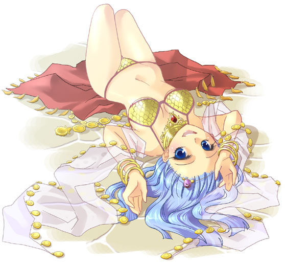 minase ruruu, dancer (ragnarok online), ragnarok online, bikini, blue hair, bracelet, dancer, gold, gypsy, jewelry, lots of jewelry, solo, swimsuit, yellow bikini